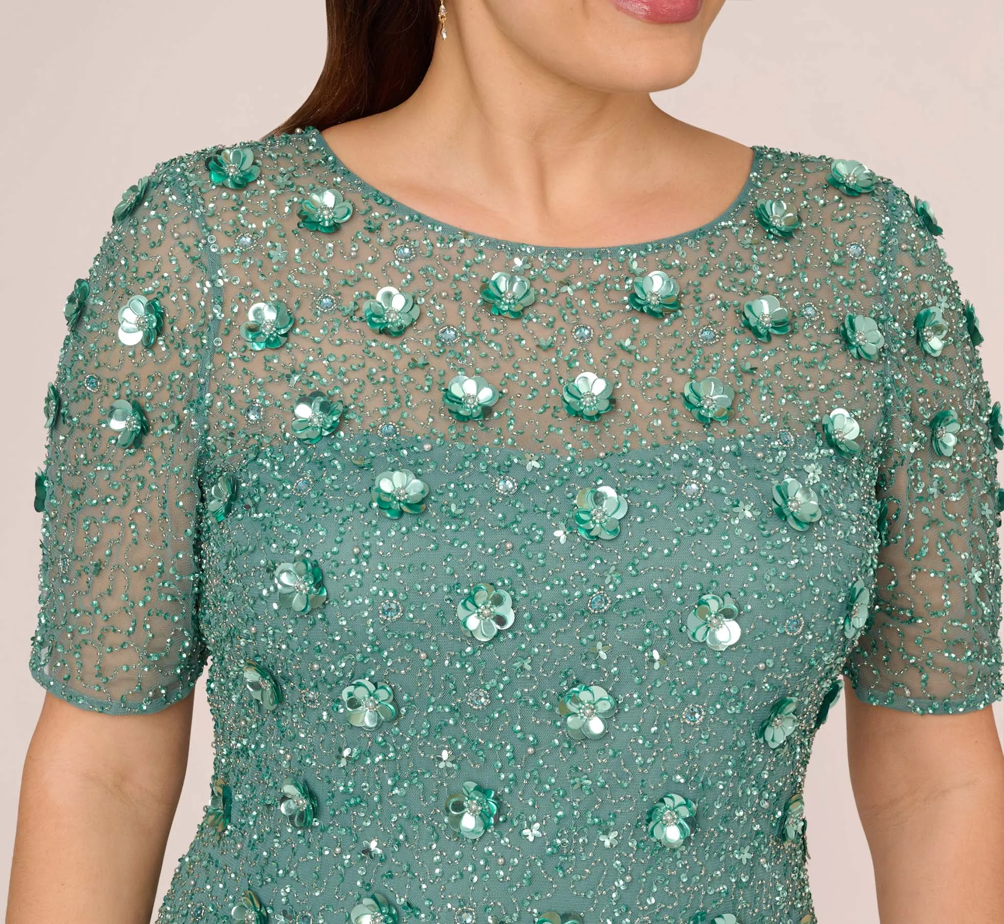 Plus Size Long Hand Beaded 3D Floral Dress With Elbow Sleeves In Green Slate sold by Adrianna Papell product image thumbnail 3