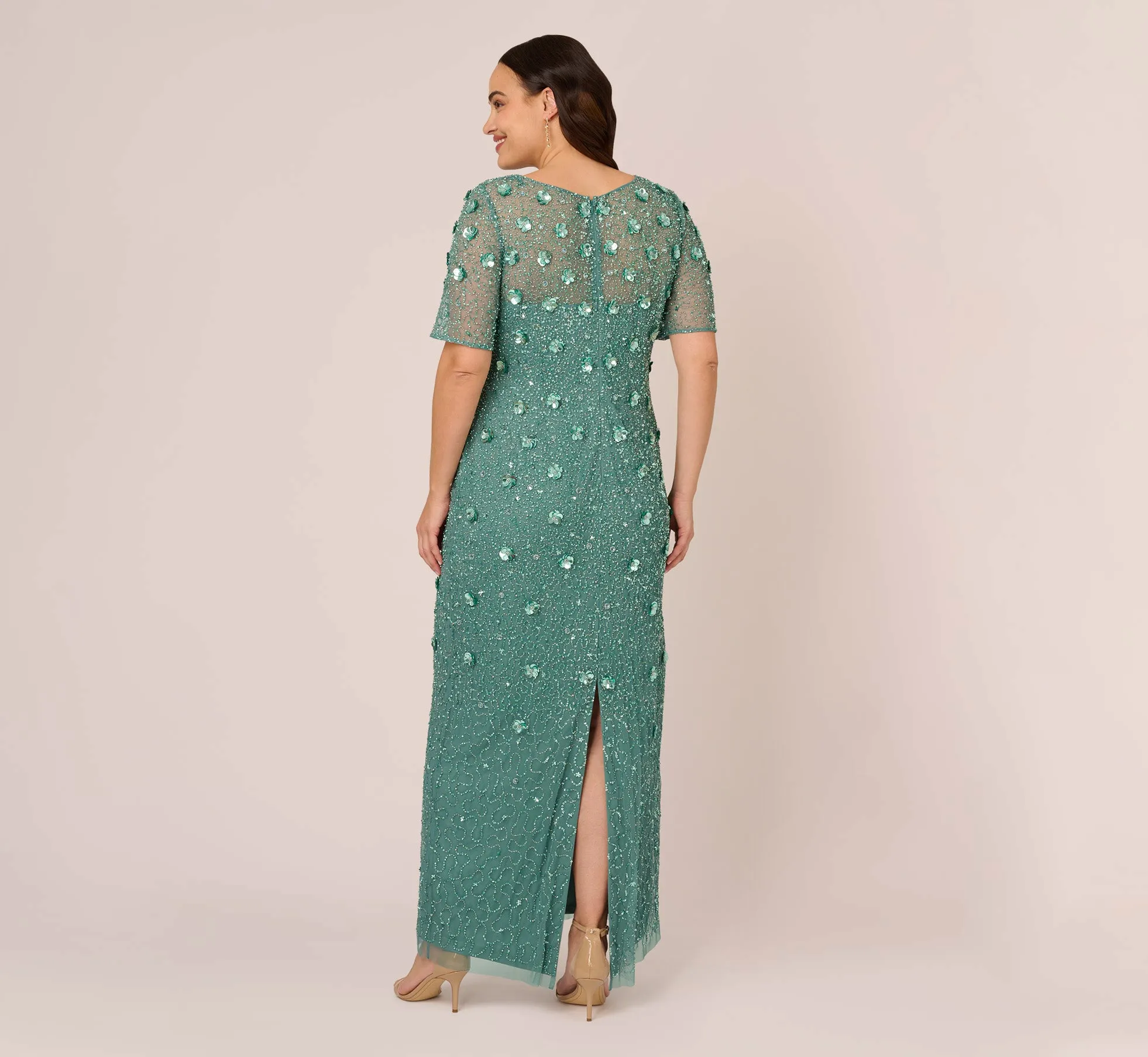 Plus Size Long Hand Beaded 3D Floral Dress With Elbow Sleeves In Green Slate sold by Adrianna Papell product image thumbnail 5