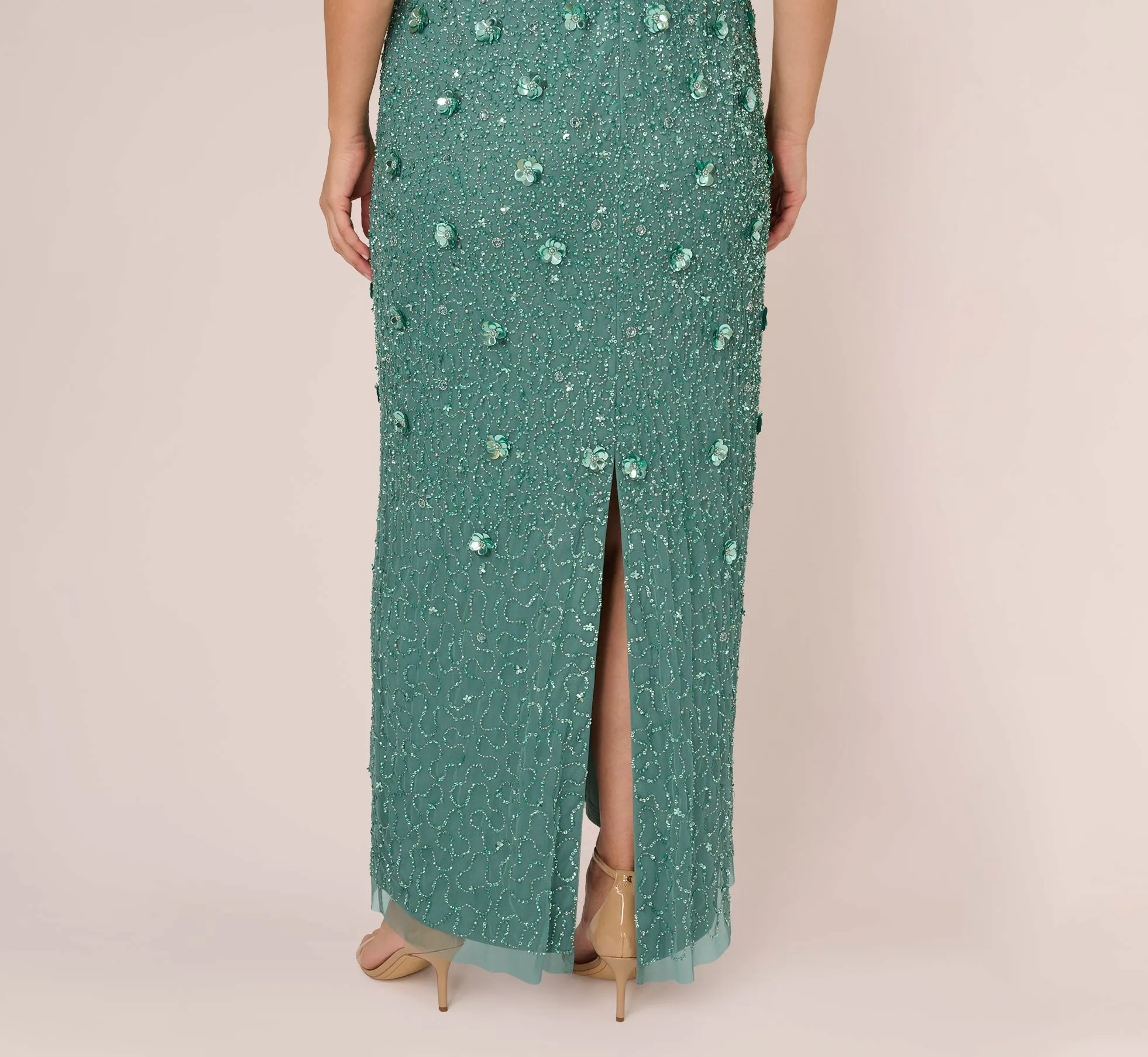 Plus Size Long Hand Beaded 3D Floral Dress With Elbow Sleeves In Green Slate sold by Adrianna Papell product image thumbnail 4