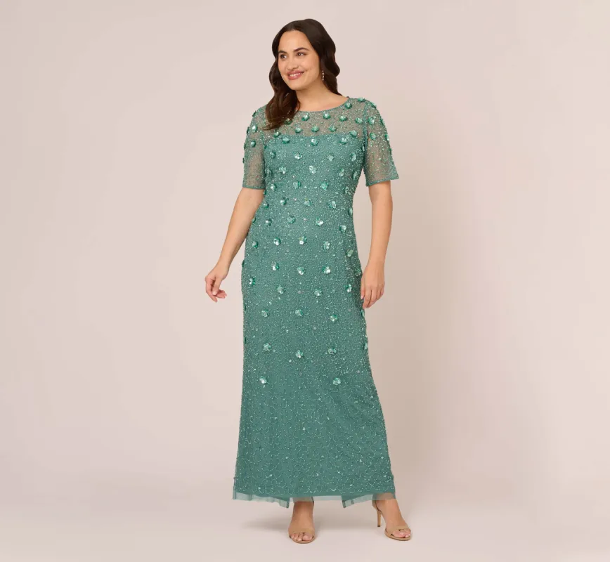 Plus Size Long Hand Beaded 3D Floral Dress With Elbow Sleeves In Green Slate sold by Adrianna Papell