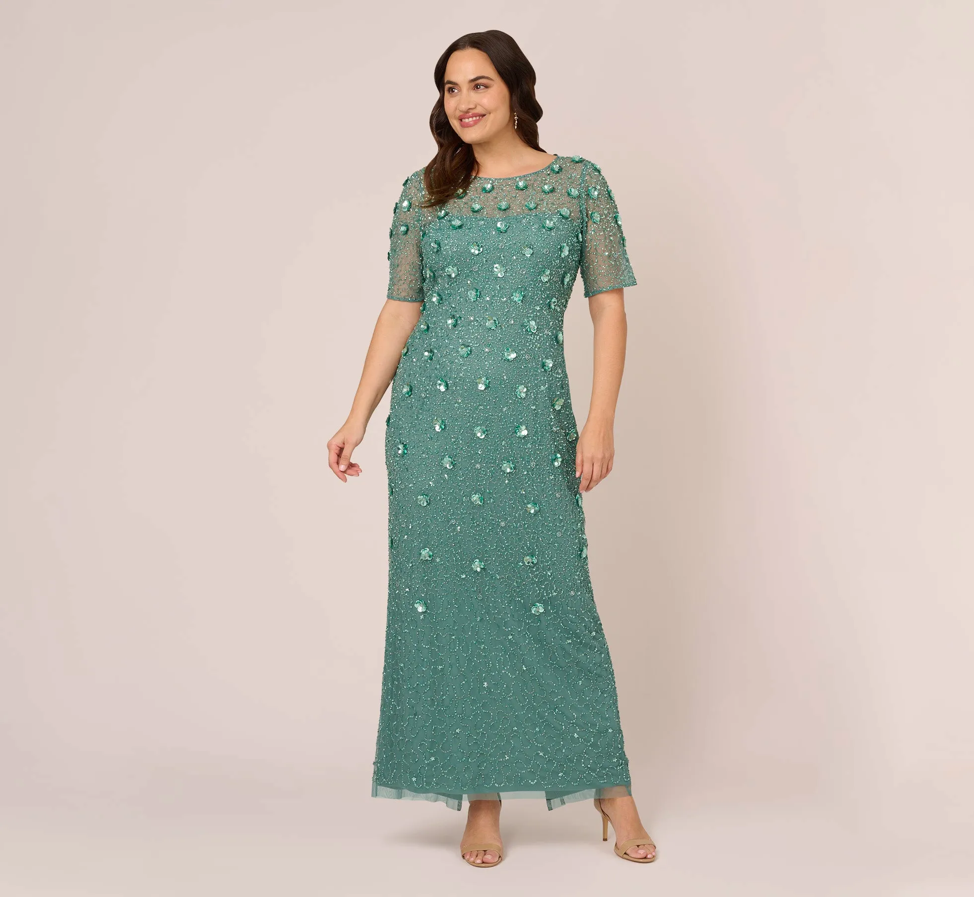 Plus Size Long Hand Beaded 3D Floral Dress With Elbow Sleeves In Green Slate sold by Adrianna Papell
