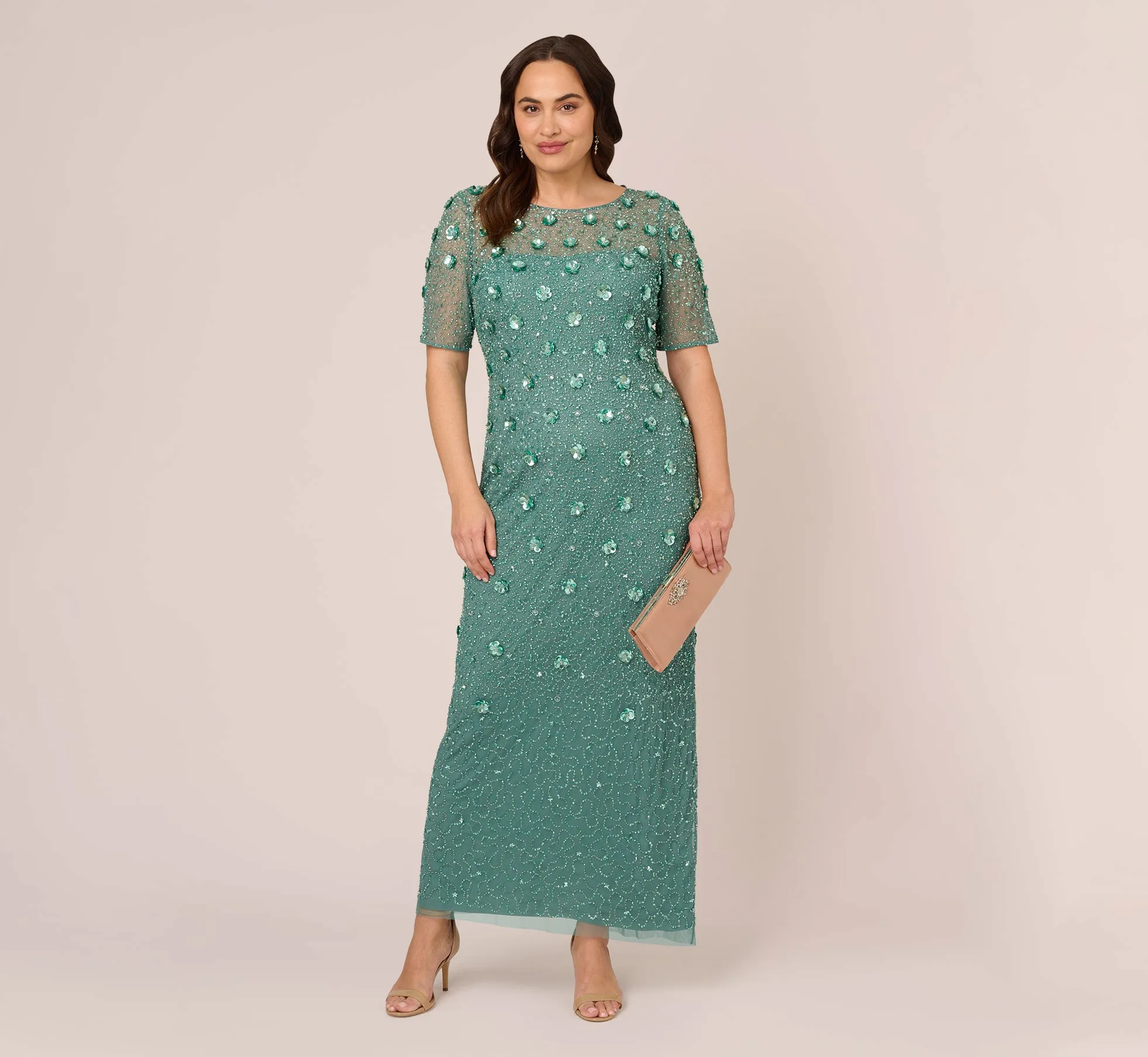 Plus Size Long Hand Beaded 3D Floral Dress With Elbow Sleeves In Green Slate sold by Adrianna Papell product image thumbnail 2
