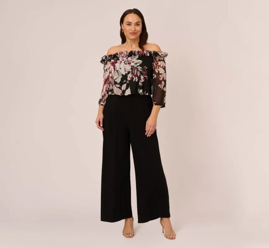 Plus Size Off The Shoulder Jumpsuit With Floral Embroidered Bodice In Black Multi sold by Adrianna Papell