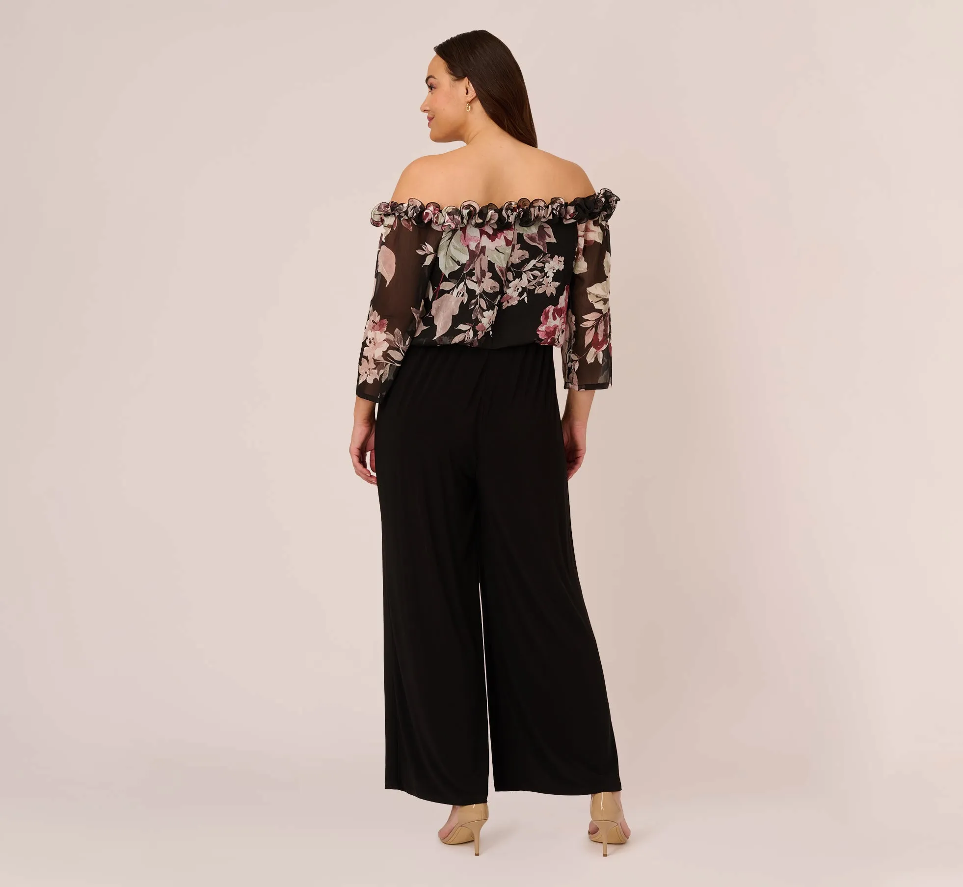Plus Size Off The Shoulder Jumpsuit With Floral Embroidered Bodice In Black Multi sold by Adrianna Papell product image thumbnail 4