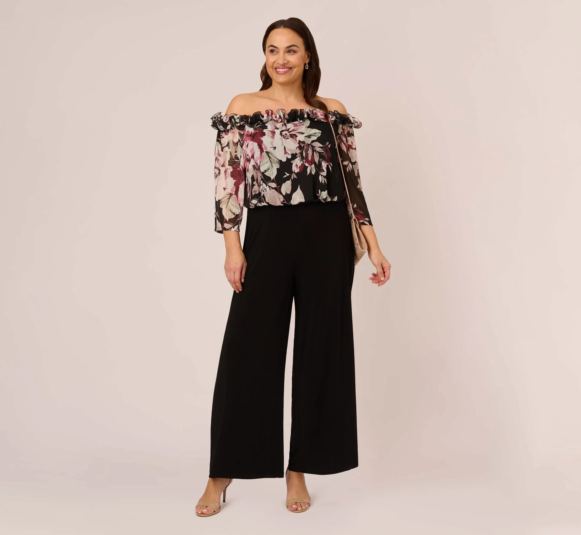 Plus Size Off The Shoulder Jumpsuit With Floral Embroidered Bodice In Black Multi sold by Adrianna Papell product image thumbnail 2