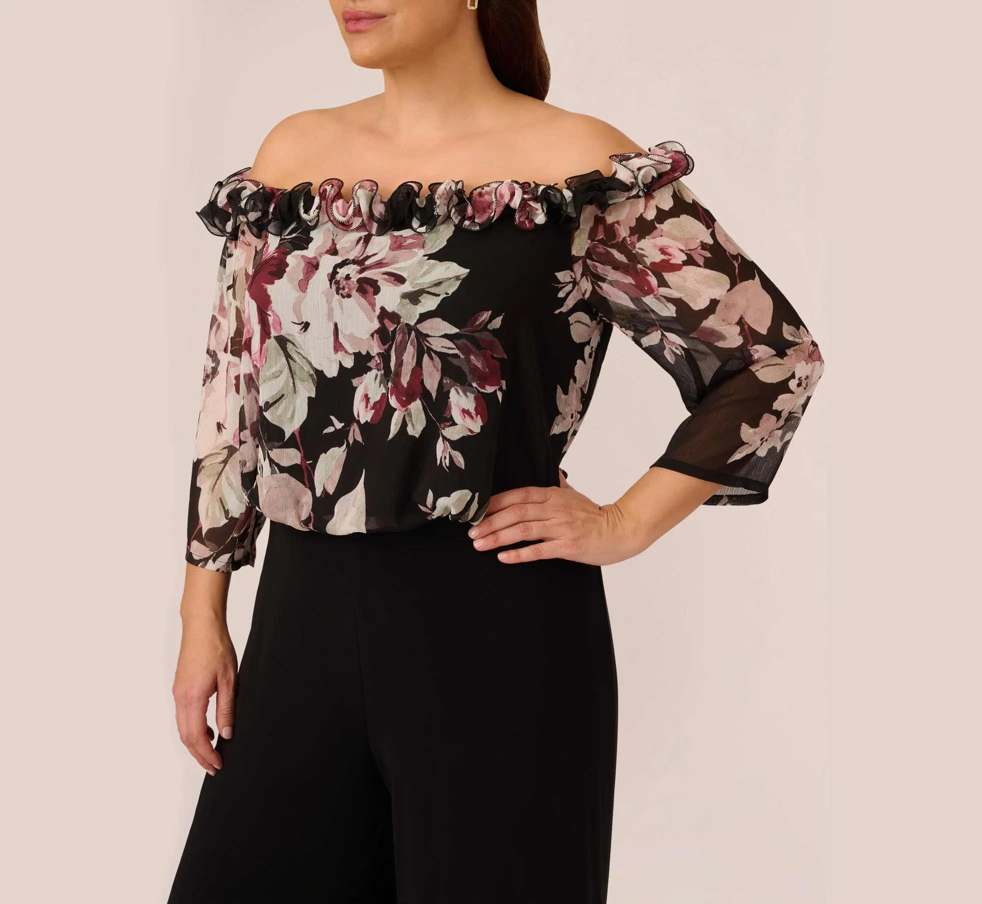 Plus Size Off The Shoulder Jumpsuit With Floral Embroidered Bodice In Black Multi sold by Adrianna Papell product image thumbnail 3