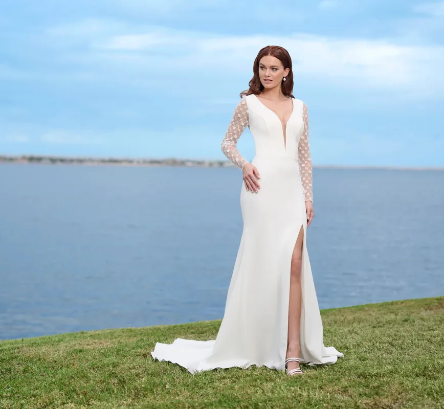 Stretch Crepe Gown With Beaded Lace Sleeves And Back In Ivory Nude sold by Adrianna Papell