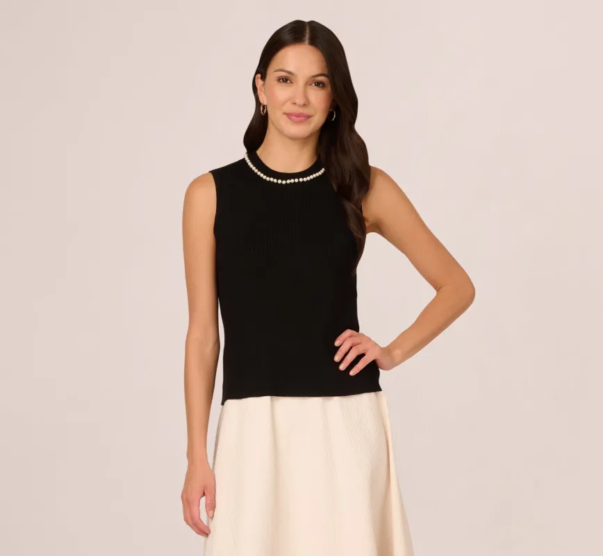 Sleeveless Pearl Neck Sweater In Black sold by Adrianna Papell