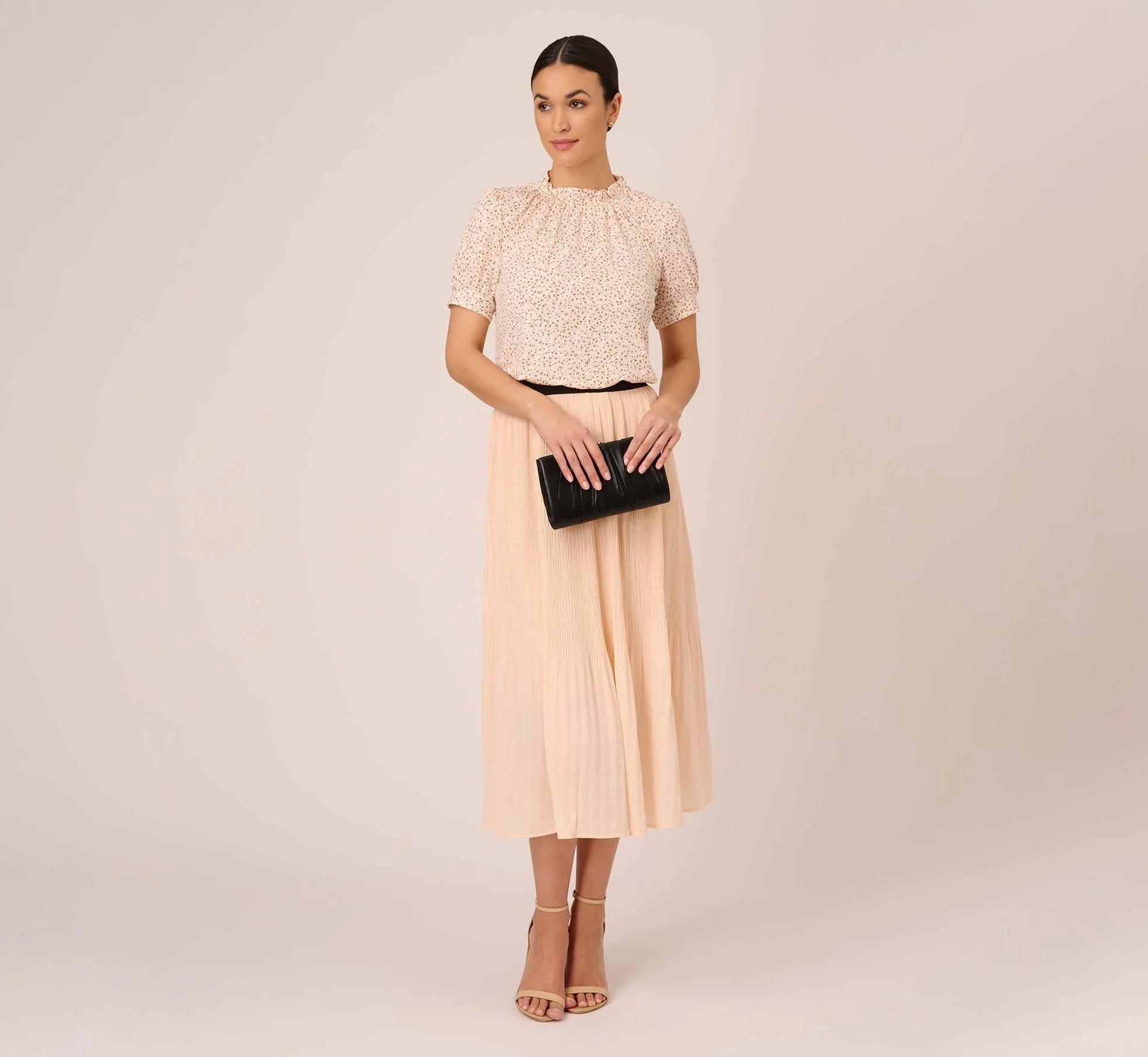 Ditsy Floral Print Top With Short Sleeves And Ruffle Neck In Ivory Champagne Tropical Ditsy sold by Adrianna Papell product image thumbnail 2