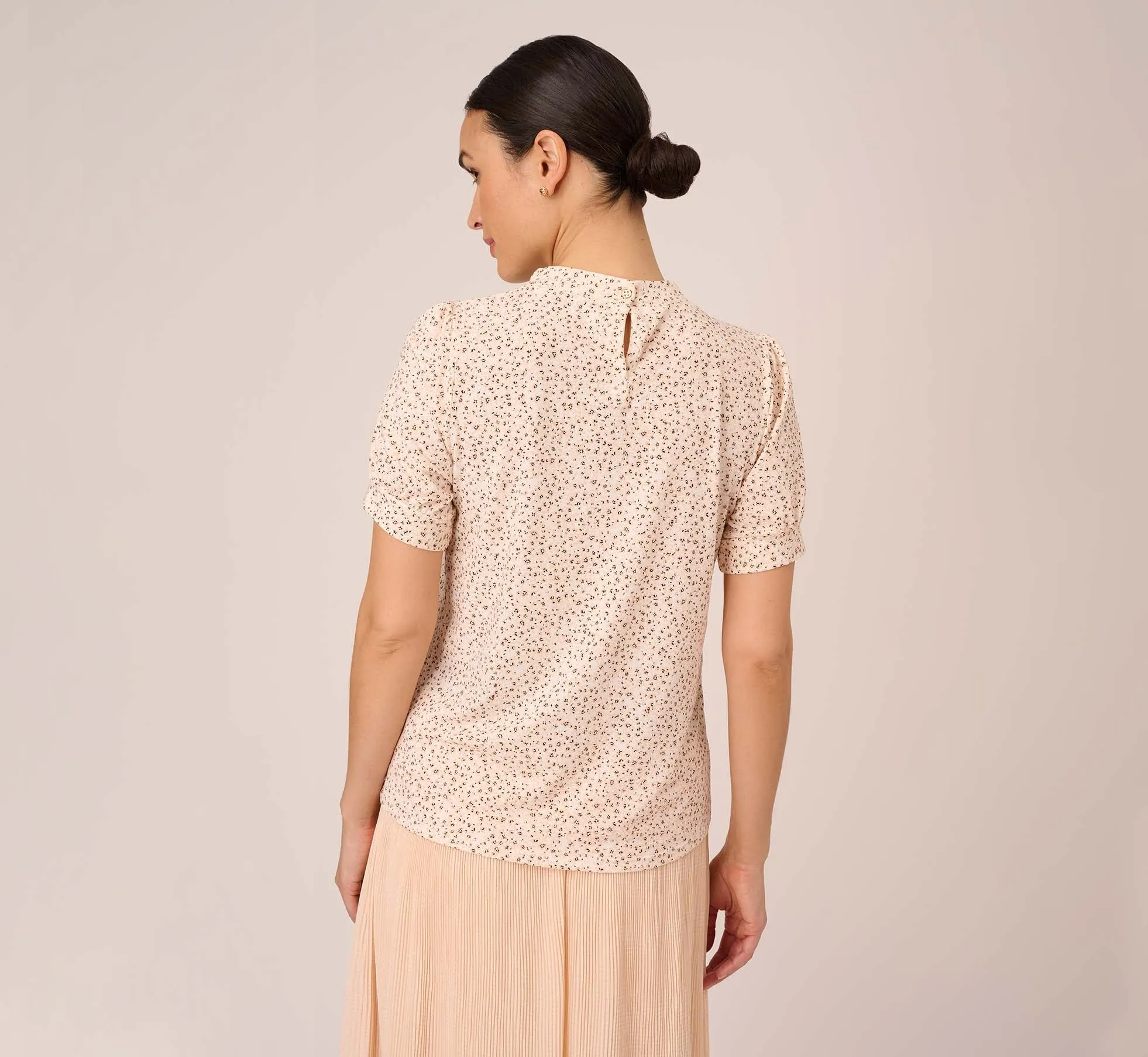 Ditsy Floral Print Top With Short Sleeves And Ruffle Neck In Ivory Champagne Tropical Ditsy sold by Adrianna Papell product image thumbnail 4