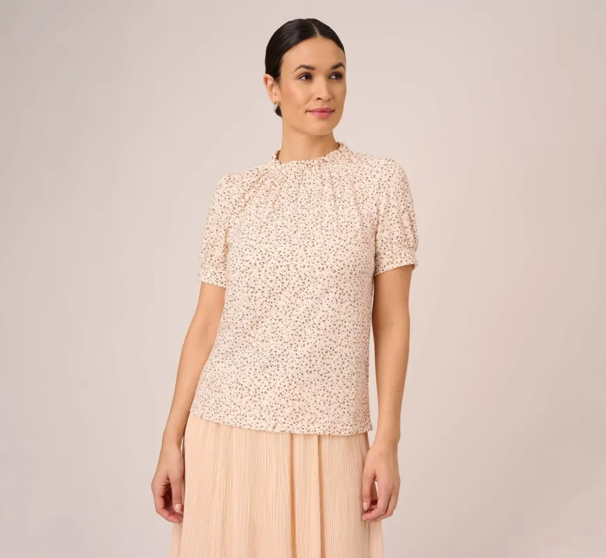 Ditsy Floral Print Top With Short Sleeves And Ruffle Neck In Ivory Champagne Tropical Ditsy sold by Adrianna Papell