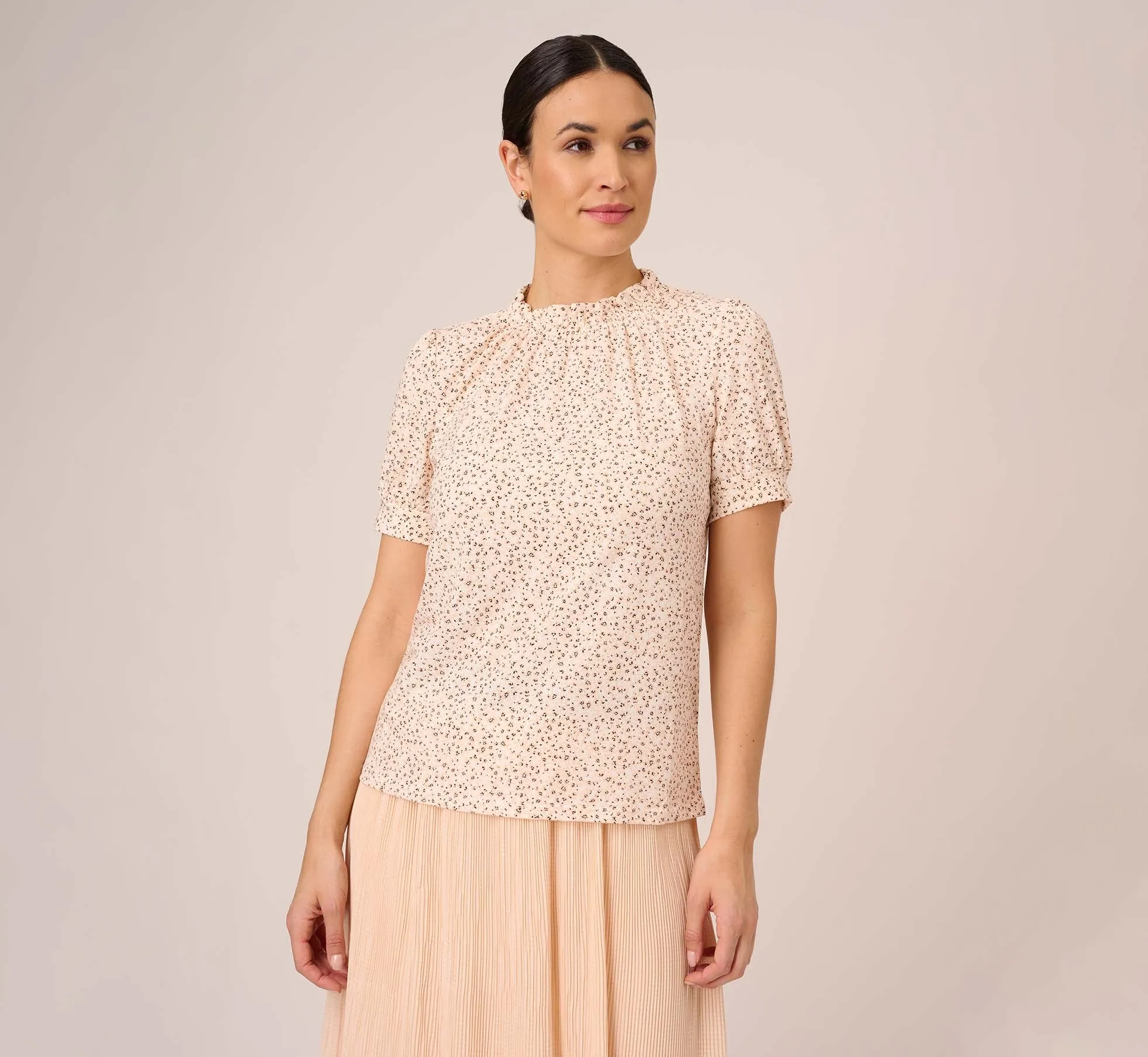 Ditsy Floral Print Top With Short Sleeves And Ruffle Neck In Ivory Champagne Tropical Ditsy sold by Adrianna Papell