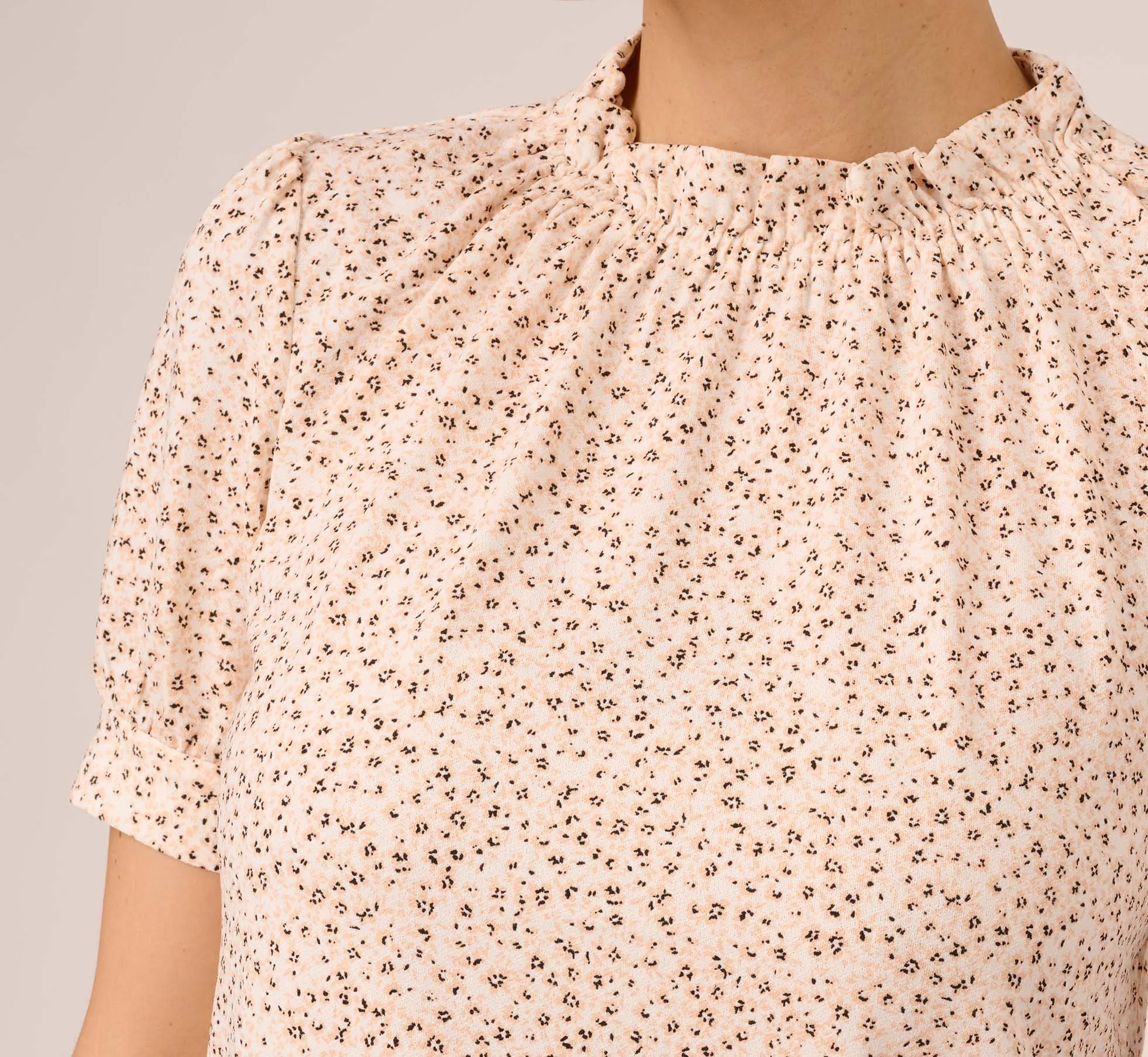 Ditsy Floral Print Top With Short Sleeves And Ruffle Neck In Ivory Champagne Tropical Ditsy sold by Adrianna Papell product image thumbnail 5