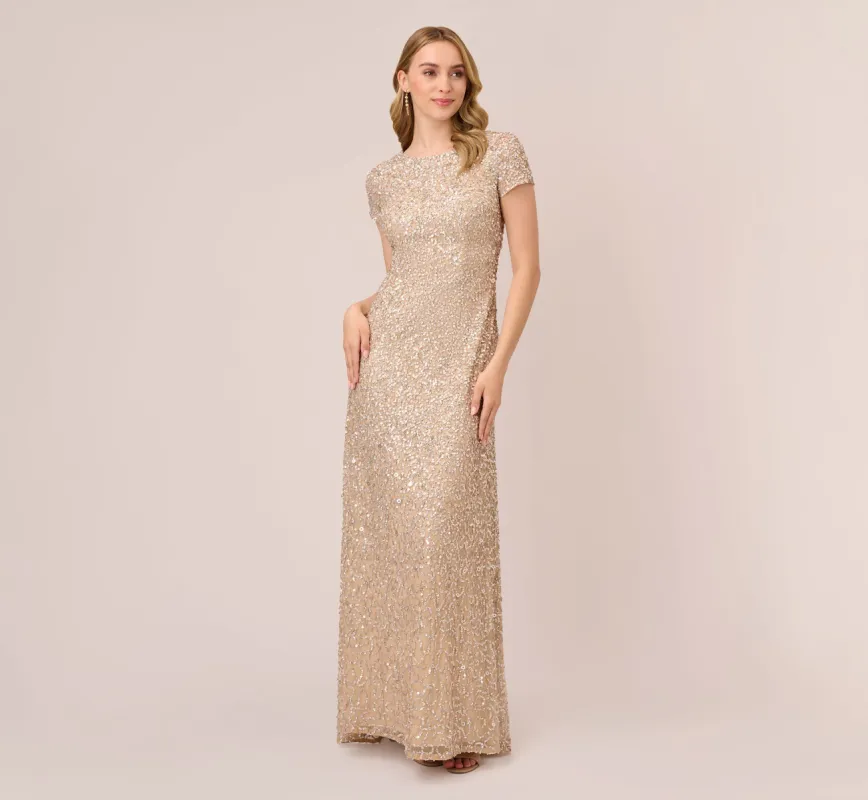 Scoop Back Sequin Gown In Champagne sold by Adrianna Papell