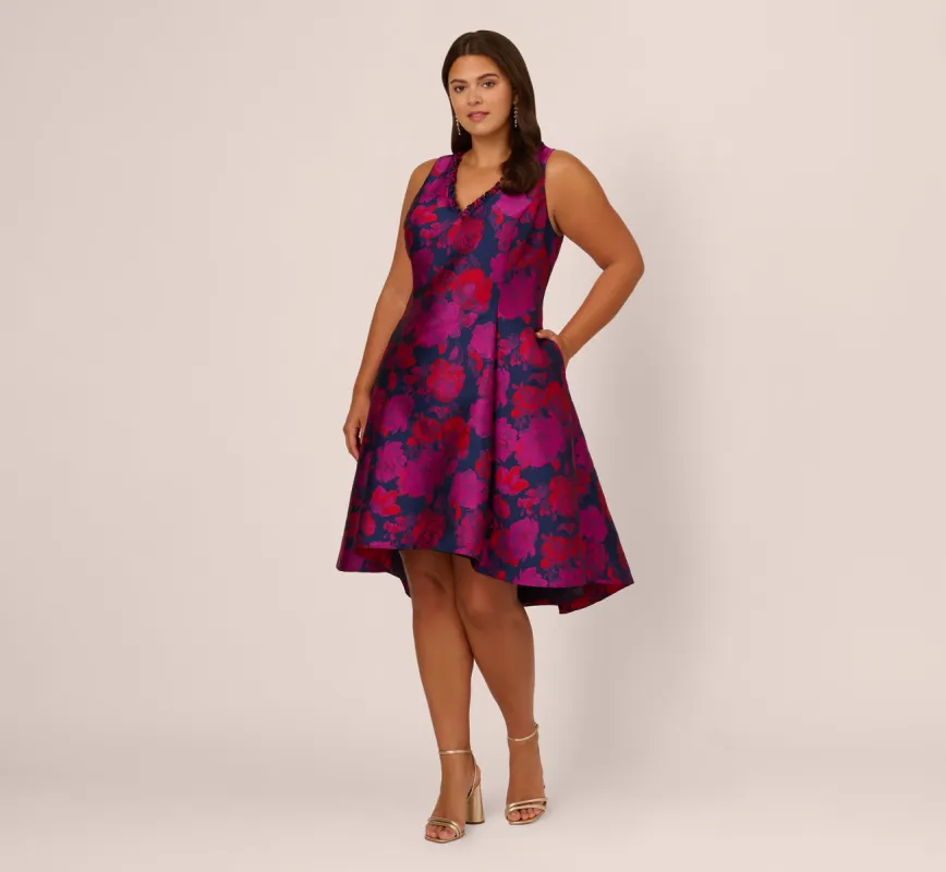 Plus Size Sleeveless Floral Jacquard Midi Dress With High Low Skirt In Navy Multi sold by Adrianna Papell