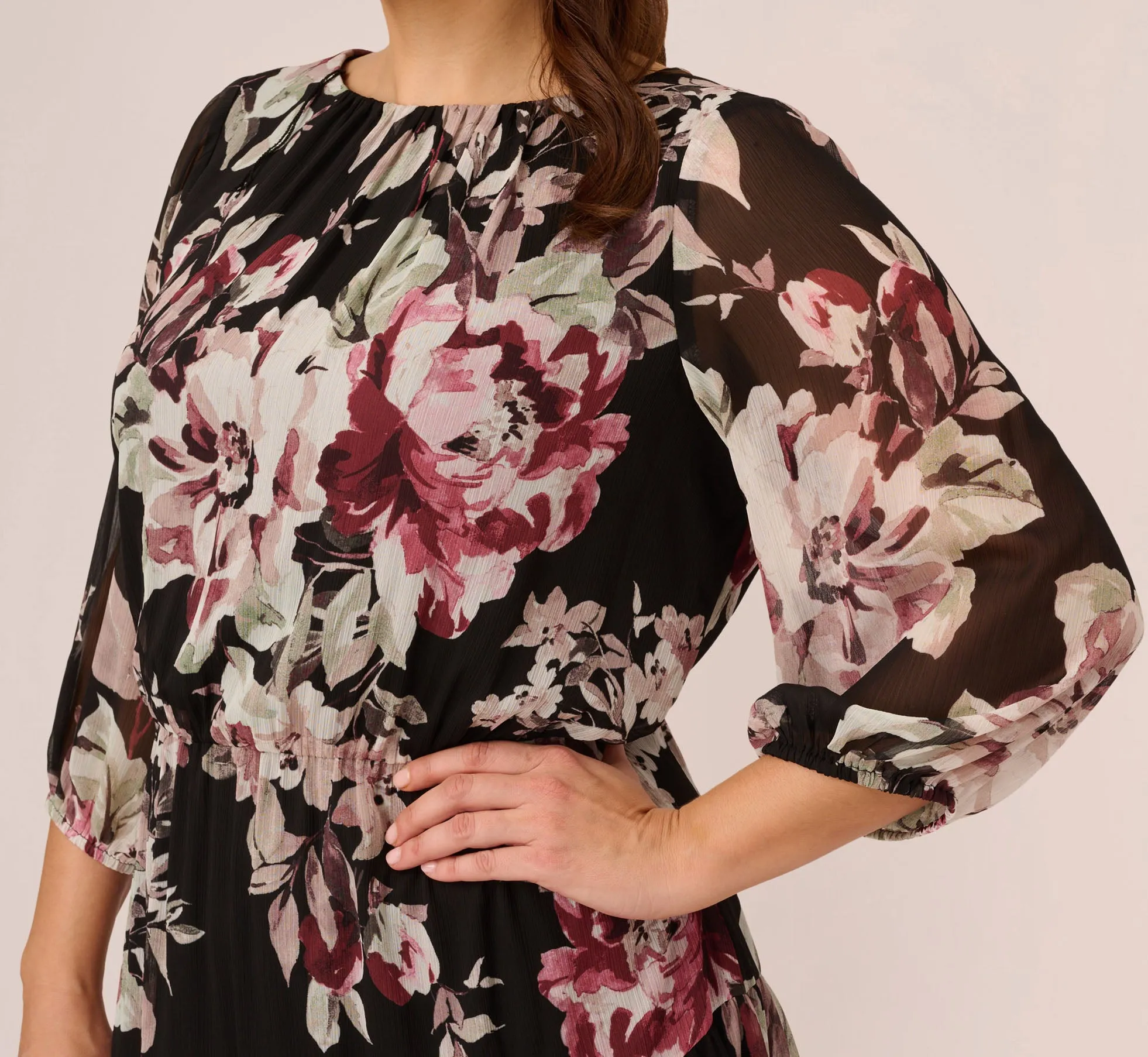 Plus Size Floral Chiffon Dress With Three Quarter Length Sleeves In Black Multi sold by Adrianna Papell product image thumbnail 3