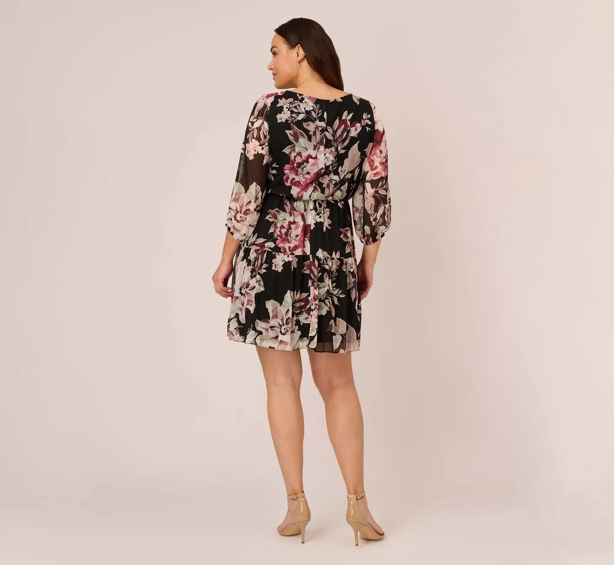 Plus Size Floral Chiffon Dress With Three Quarter Length Sleeves In Black Multi sold by Adrianna Papell product image thumbnail 4