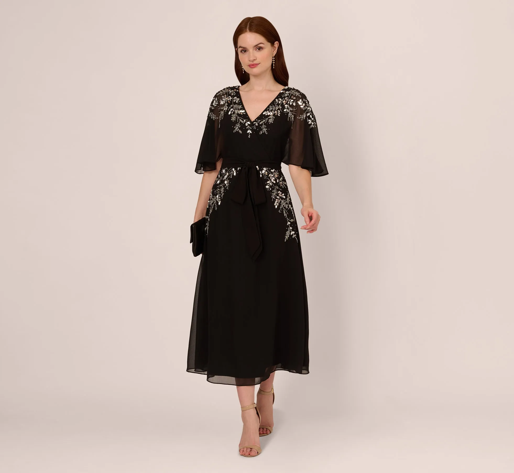 Beaded Chiffon Ankle Length Gown With Dolman Sleeves In Black sold by Adrianna Papell product image thumbnail 3