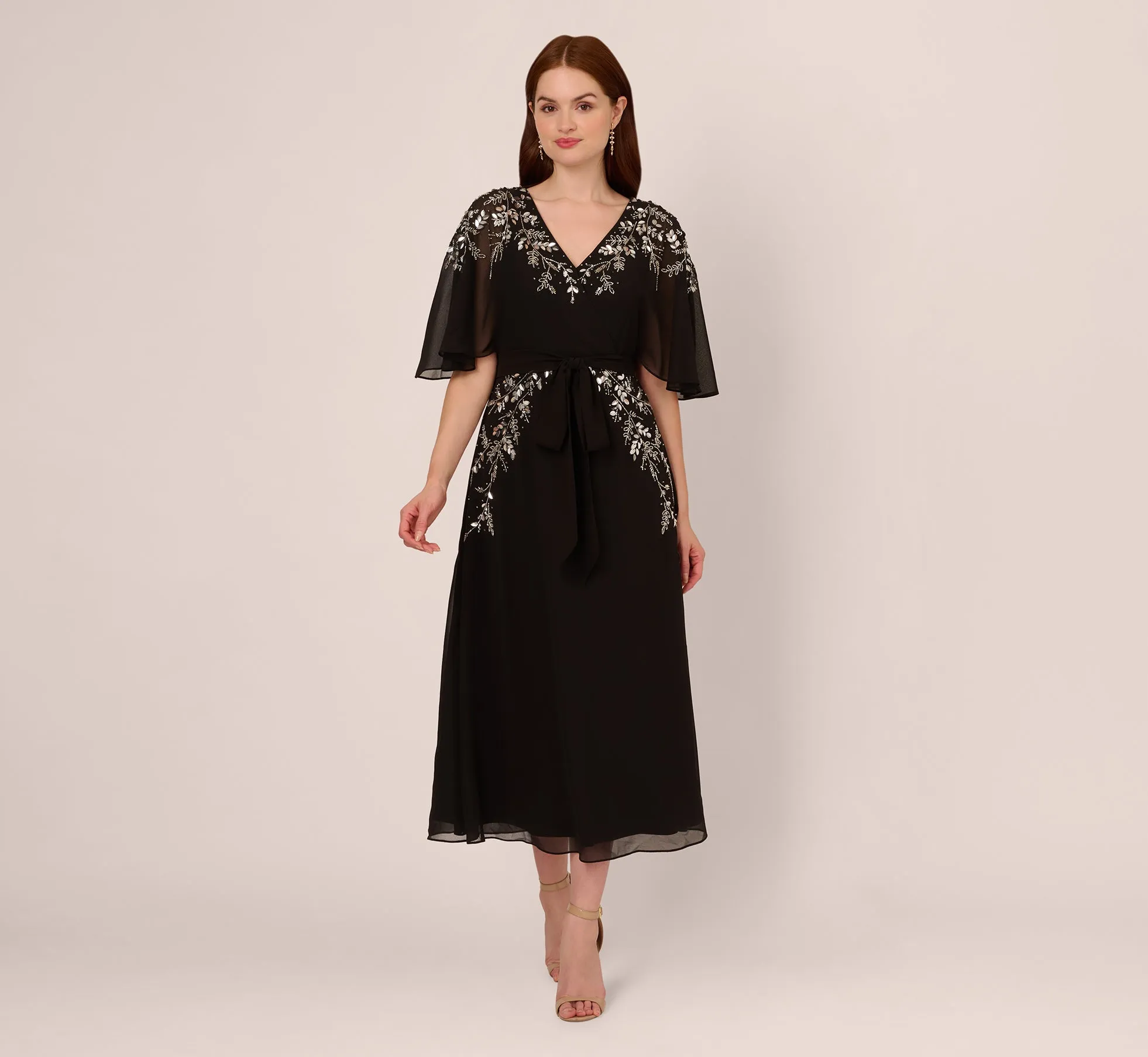 Beaded Chiffon Ankle Length Gown With Dolman Sleeves In Black sold by Adrianna Papell product image thumbnail 2