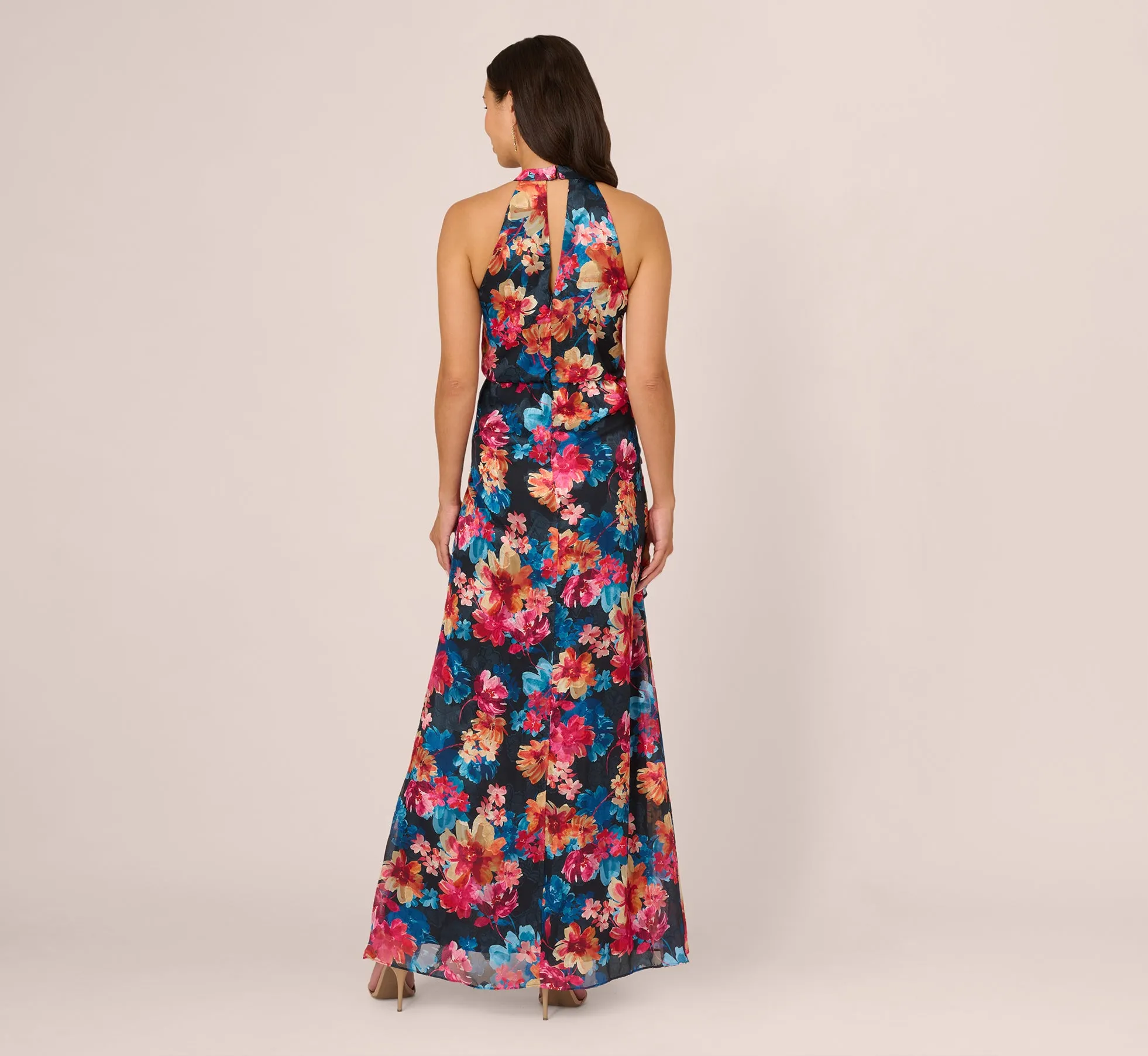 Floral Printed Halter Mermaid Gown With Ruffle Details In Navy Multi sold by Adrianna Papell product image thumbnail 4