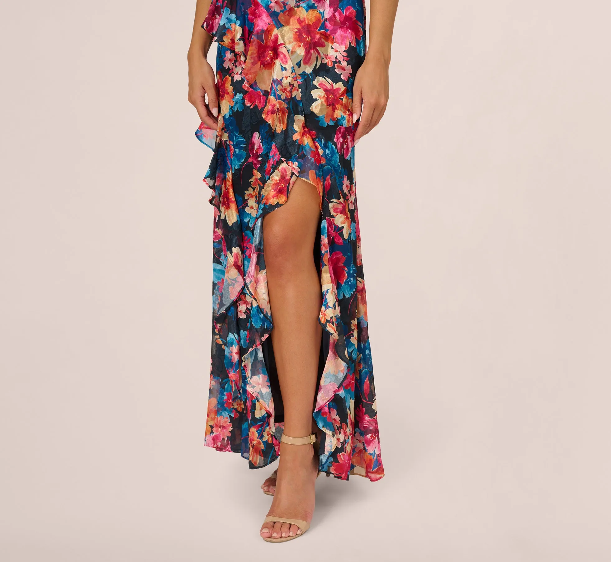 Floral Printed Halter Mermaid Gown With Ruffle Details In Navy Multi sold by Adrianna Papell product image thumbnail 5