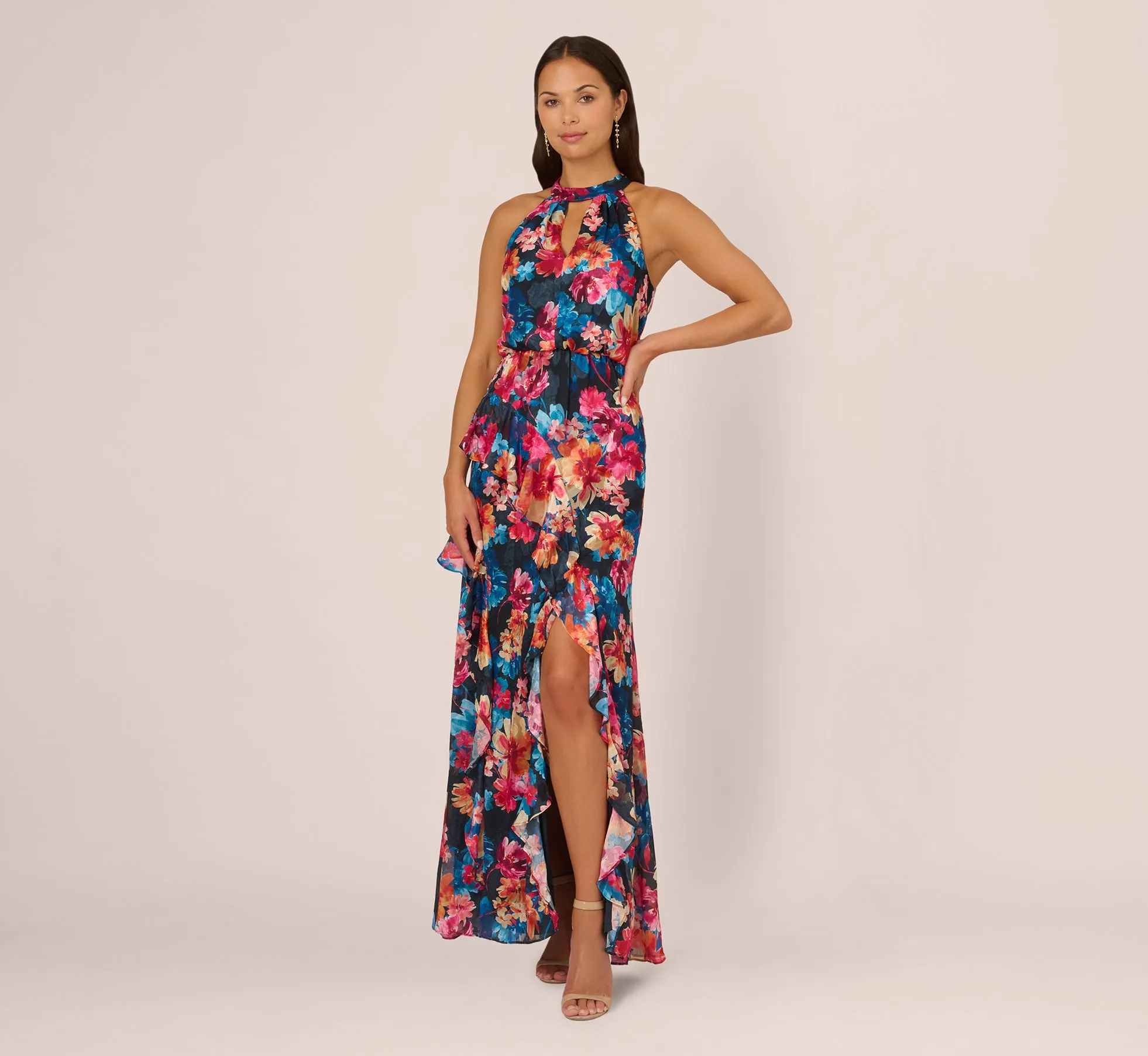 Floral Printed Halter Mermaid Gown With Ruffle Details In Navy Multi sold by Adrianna Papell product image thumbnail 2
