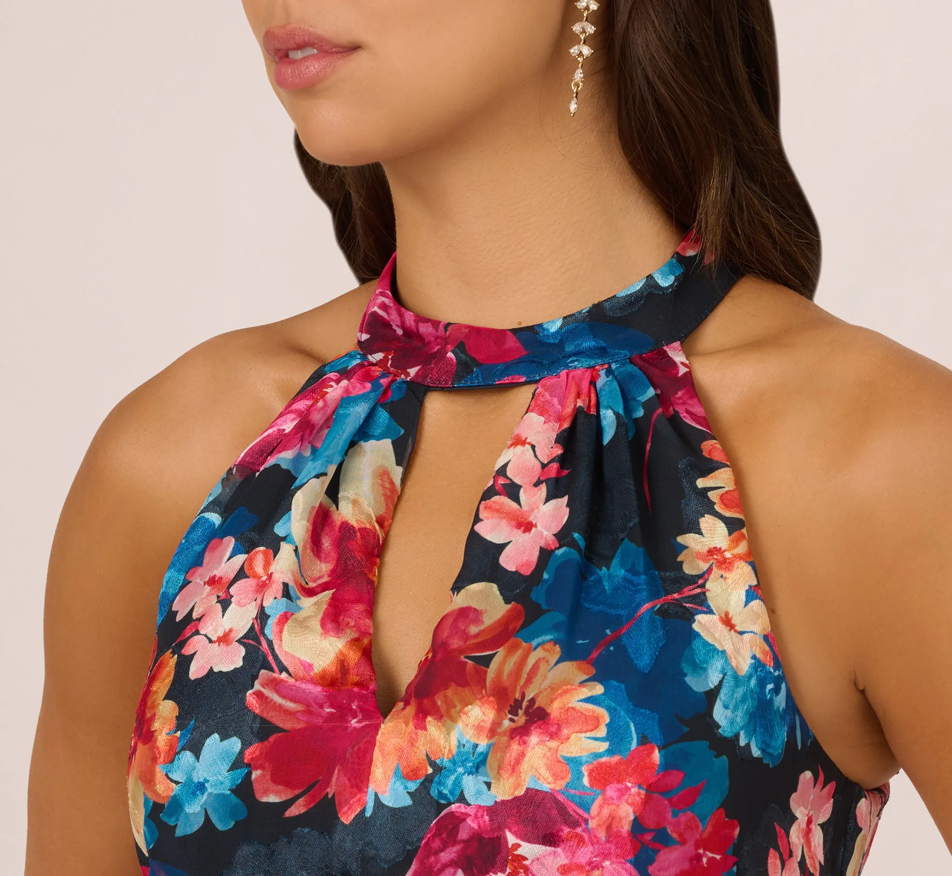 Floral Printed Halter Mermaid Gown With Ruffle Details In Navy Multi sold by Adrianna Papell product image thumbnail 3