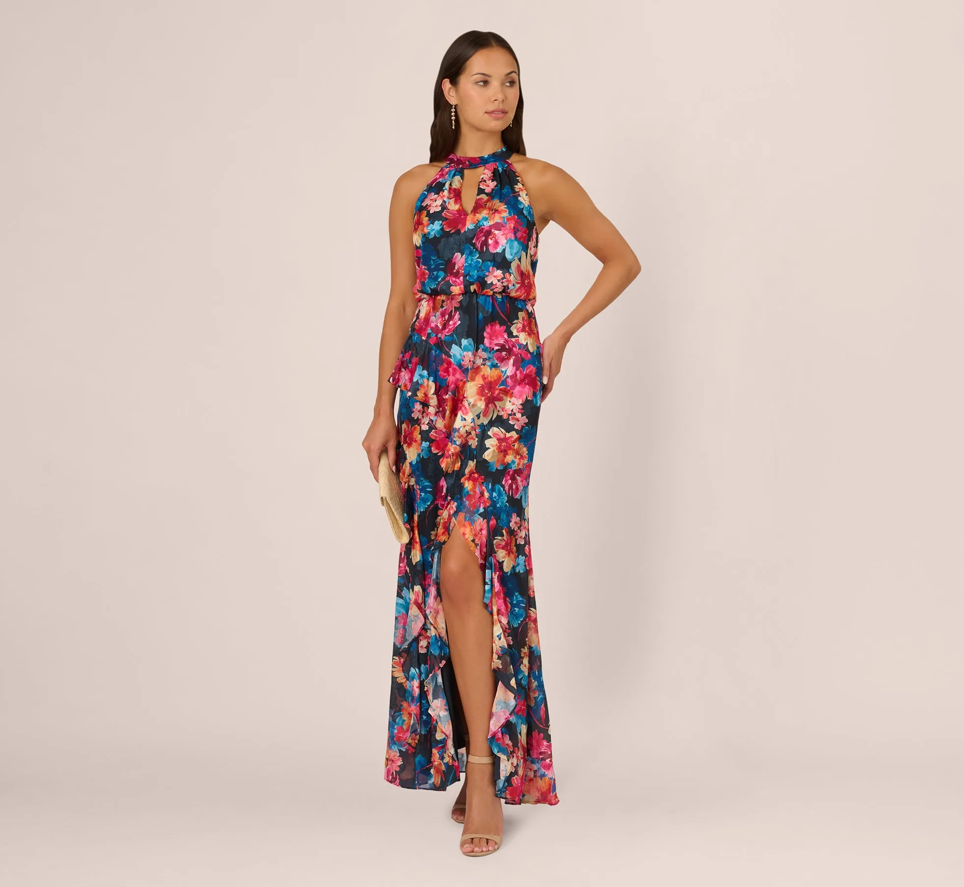 Floral Printed Halter Mermaid Gown With Ruffle Details In Navy Multi sold by Adrianna Papell