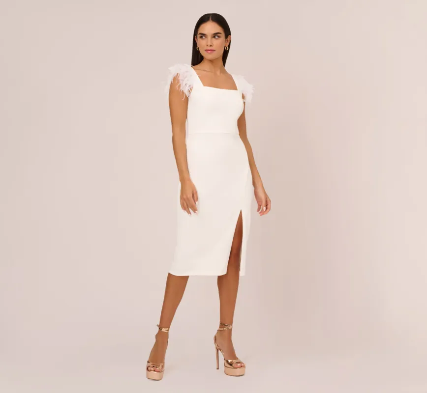 Knit Crepe Midi Dress With Feather Shoulder Accents In Ivory sold by Adrianna Papell