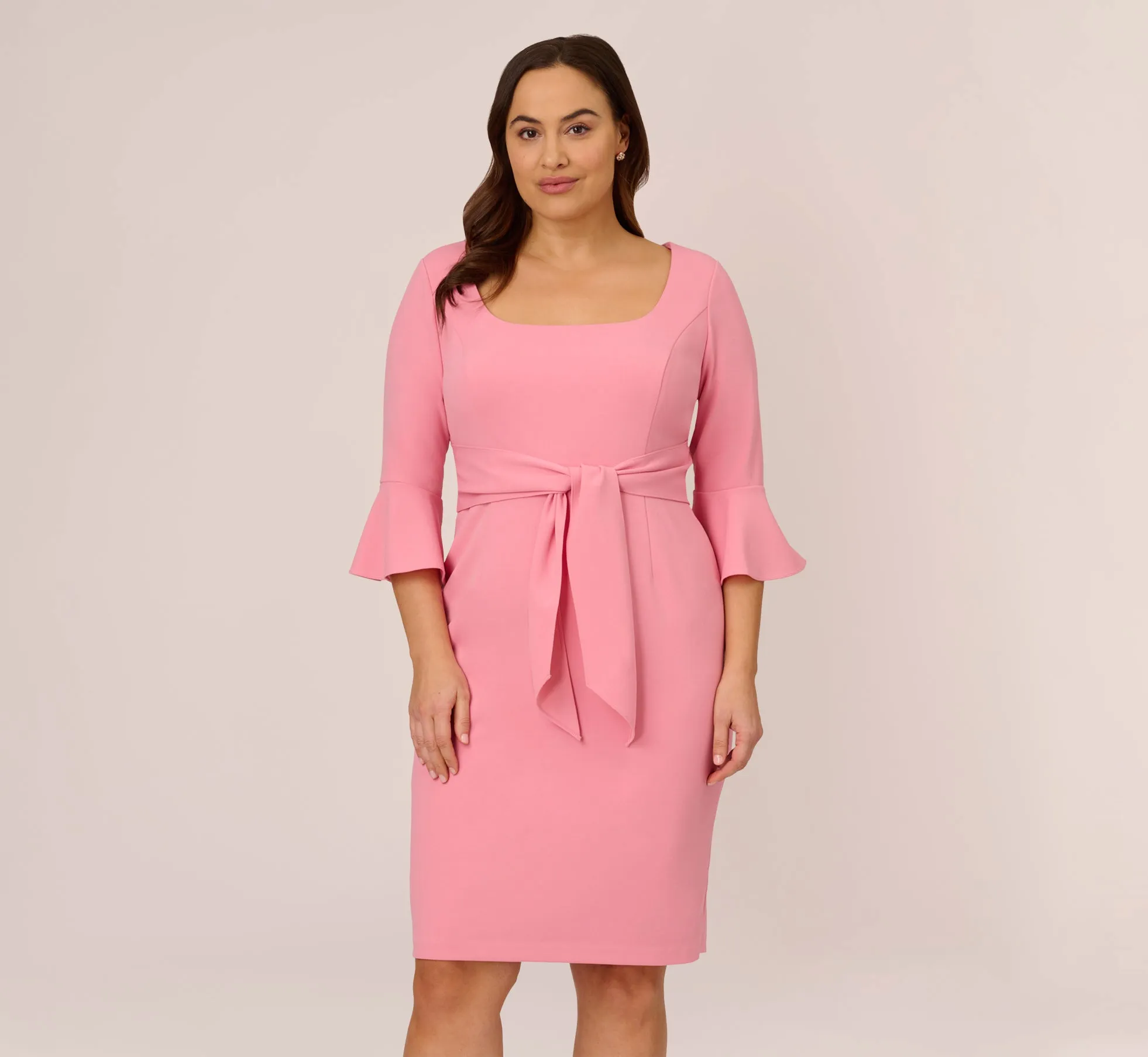 Plus Size Stretch Knit Crepe Tie-Front Midi-Length Sheath Dress In Faded Rose sold by Adrianna Papell