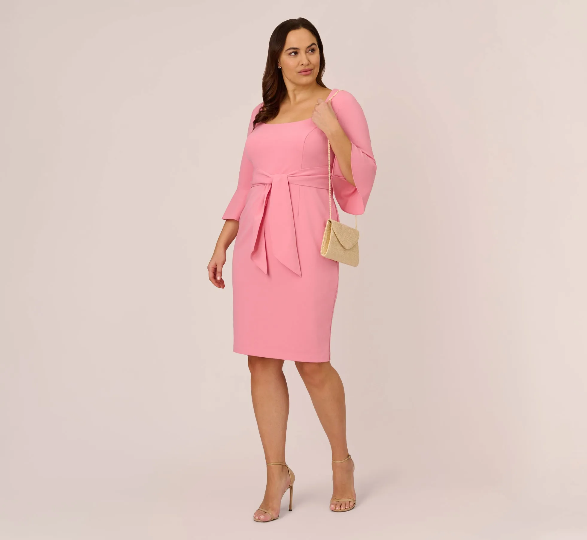 Plus Size Stretch Knit Crepe Tie-Front Midi-Length Sheath Dress In Faded Rose sold by Adrianna Papell product image thumbnail 2