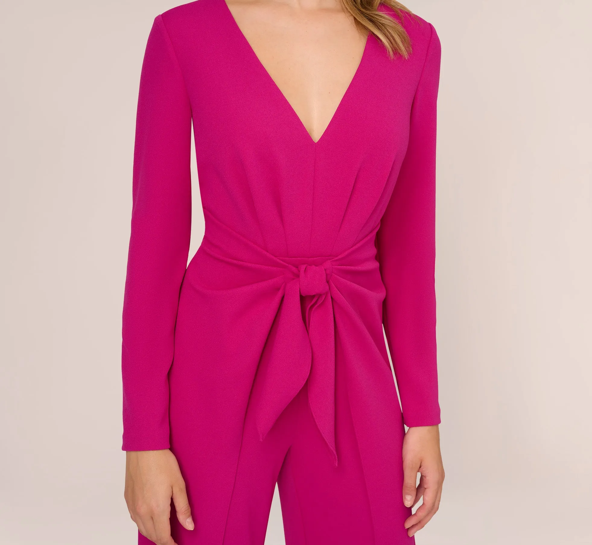 Long Sleeve Crepe Jumpsuit With Tie Front In Hot Orchid sold by Adrianna Papell product image thumbnail 4