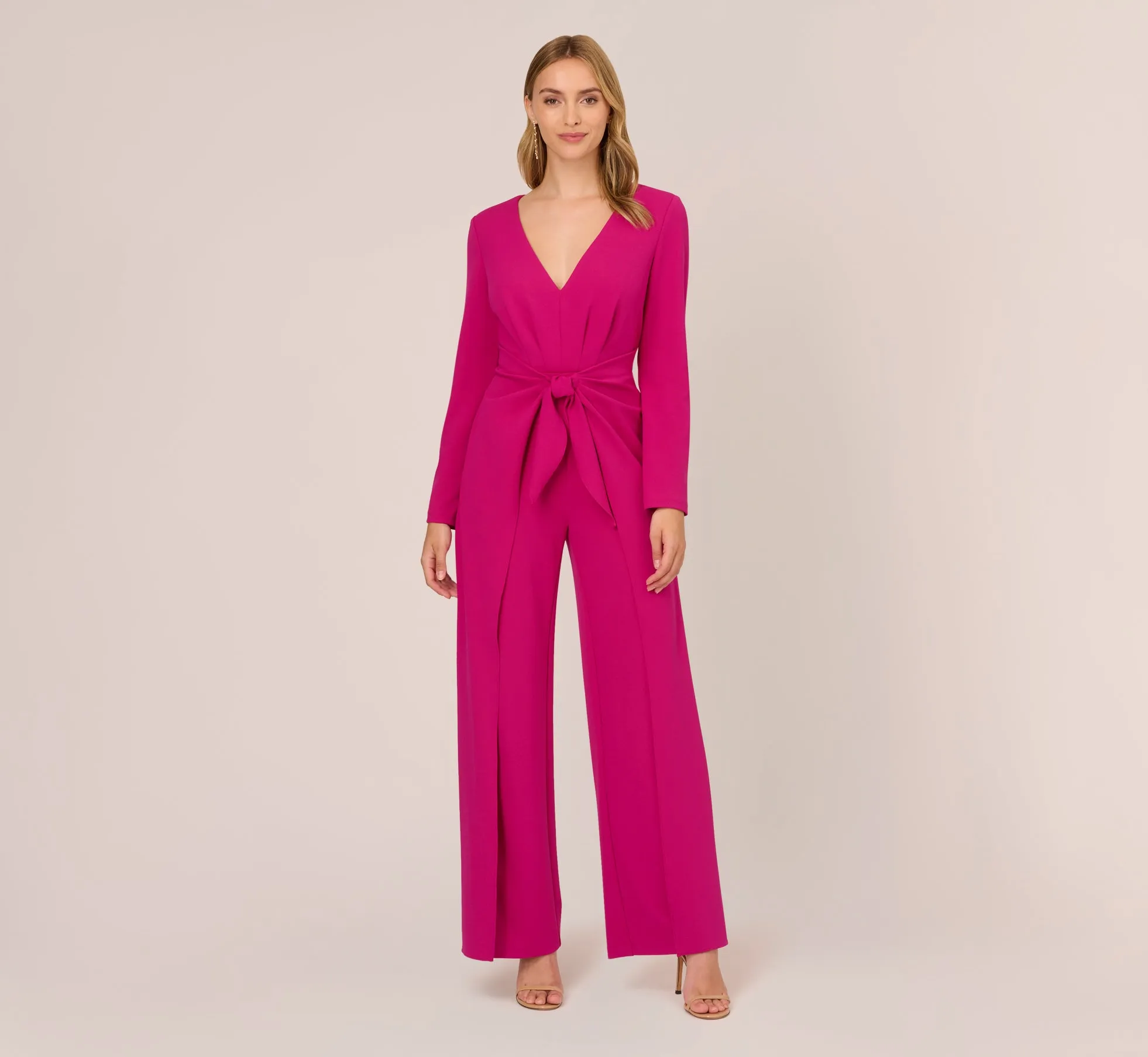 Long Sleeve Crepe Jumpsuit With Tie Front In Hot Orchid sold by Adrianna Papell