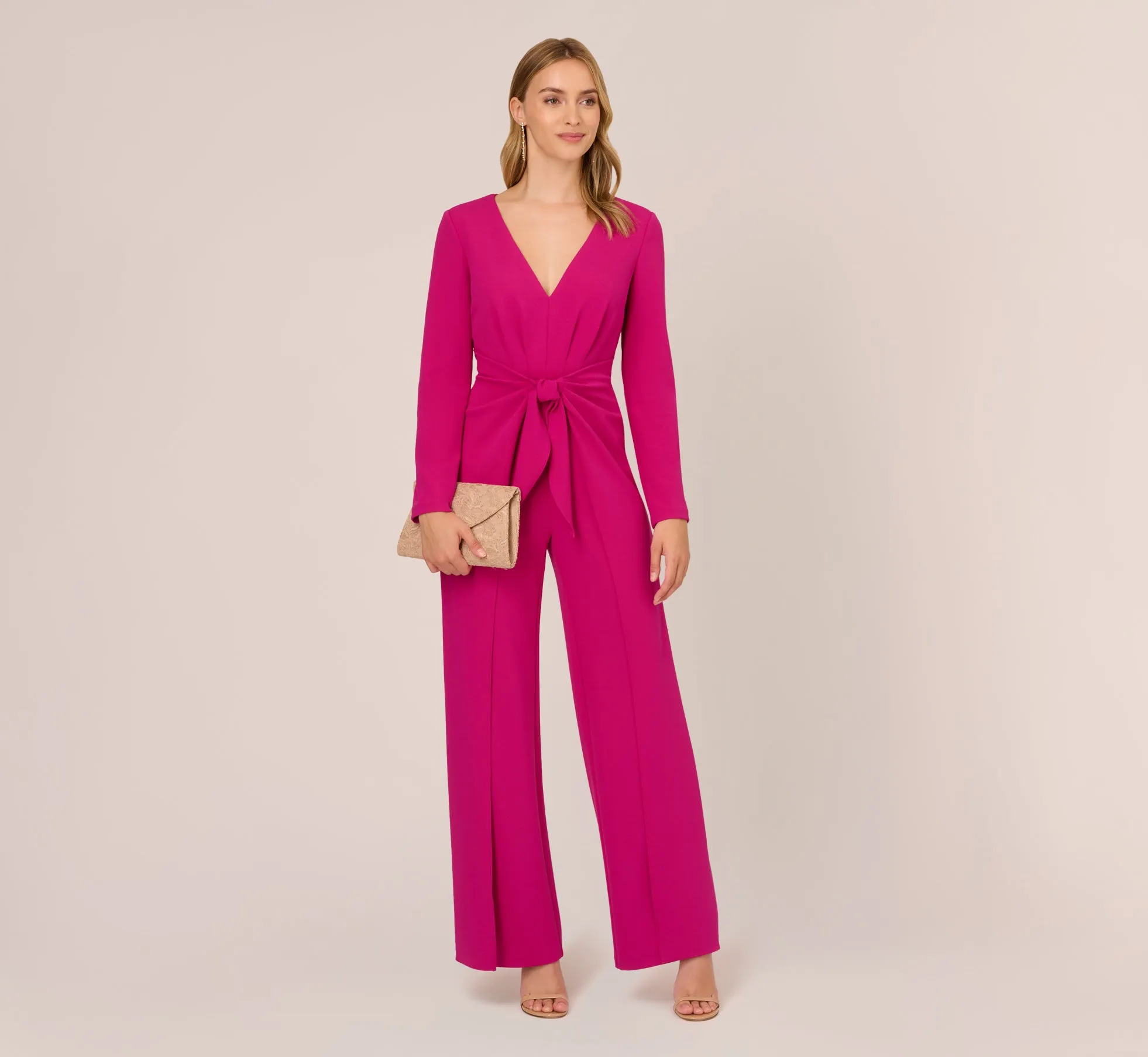 Long Sleeve Crepe Jumpsuit With Tie Front In Hot Orchid sold by Adrianna Papell product image thumbnail 2
