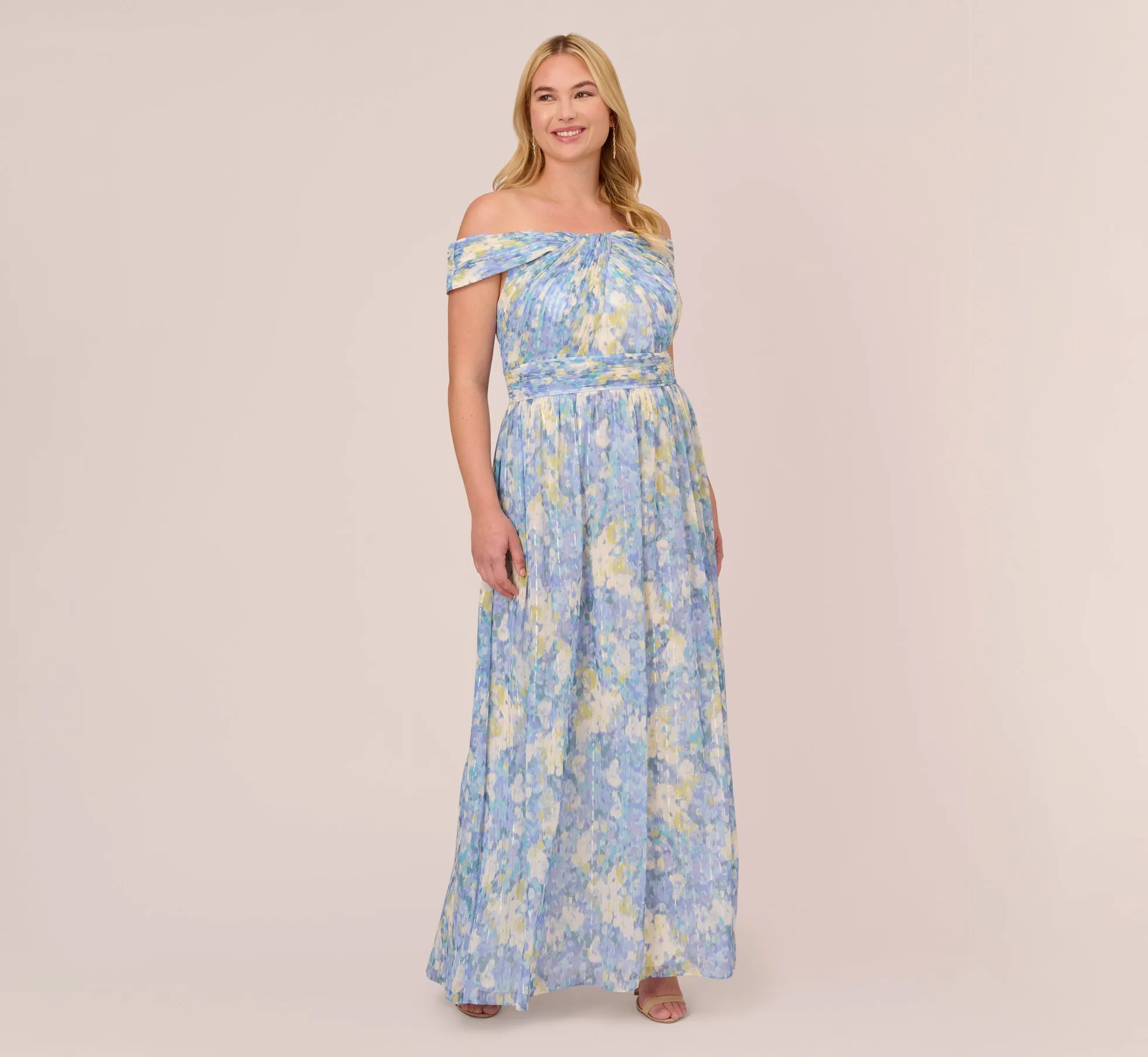 Plus Size Watercolor Floral Print Gown With Off The Shoulder Neckline In Blue Multi sold by Adrianna Papell