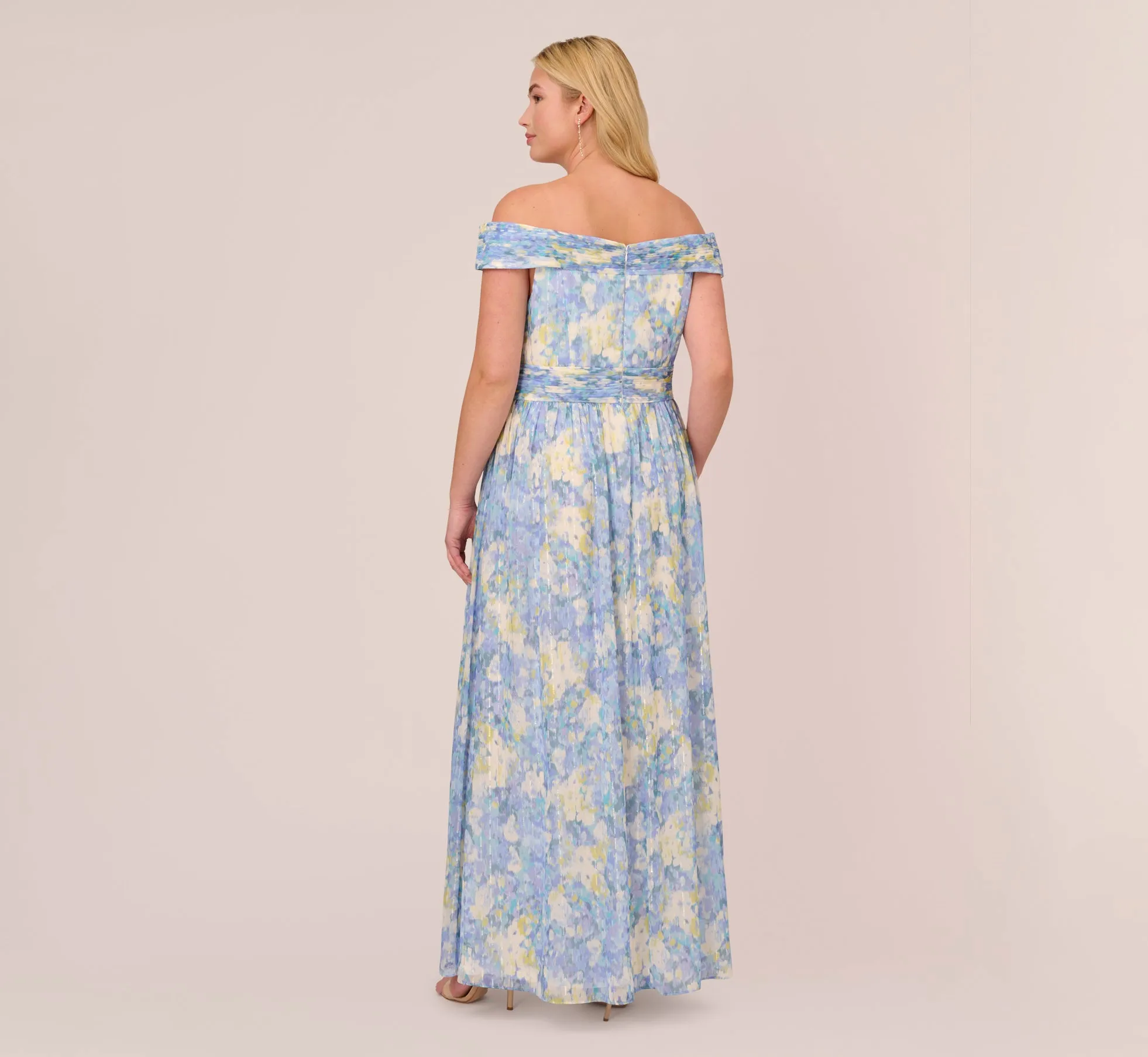 Plus Size Watercolor Floral Print Gown With Off The Shoulder Neckline In Blue Multi sold by Adrianna Papell product image thumbnail 3