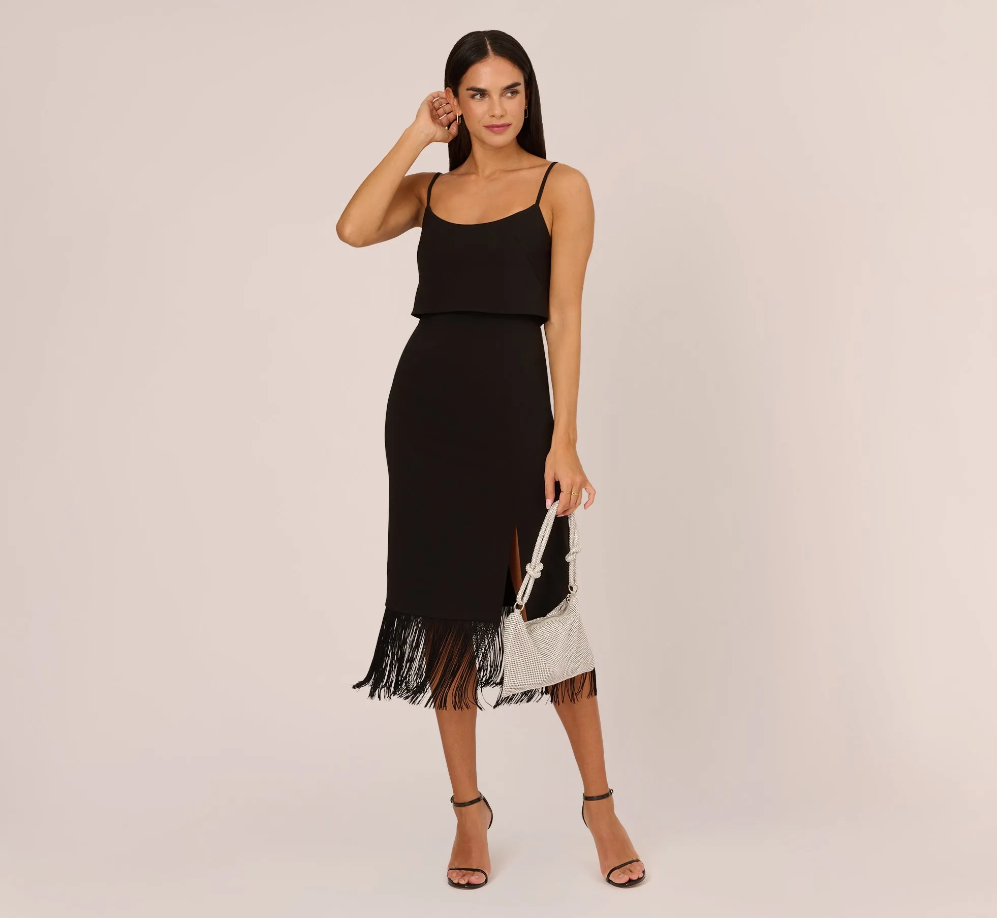Crepe Popover Midi Dress With Fringe Trim In Black sold by Adrianna Papell product image thumbnail 2