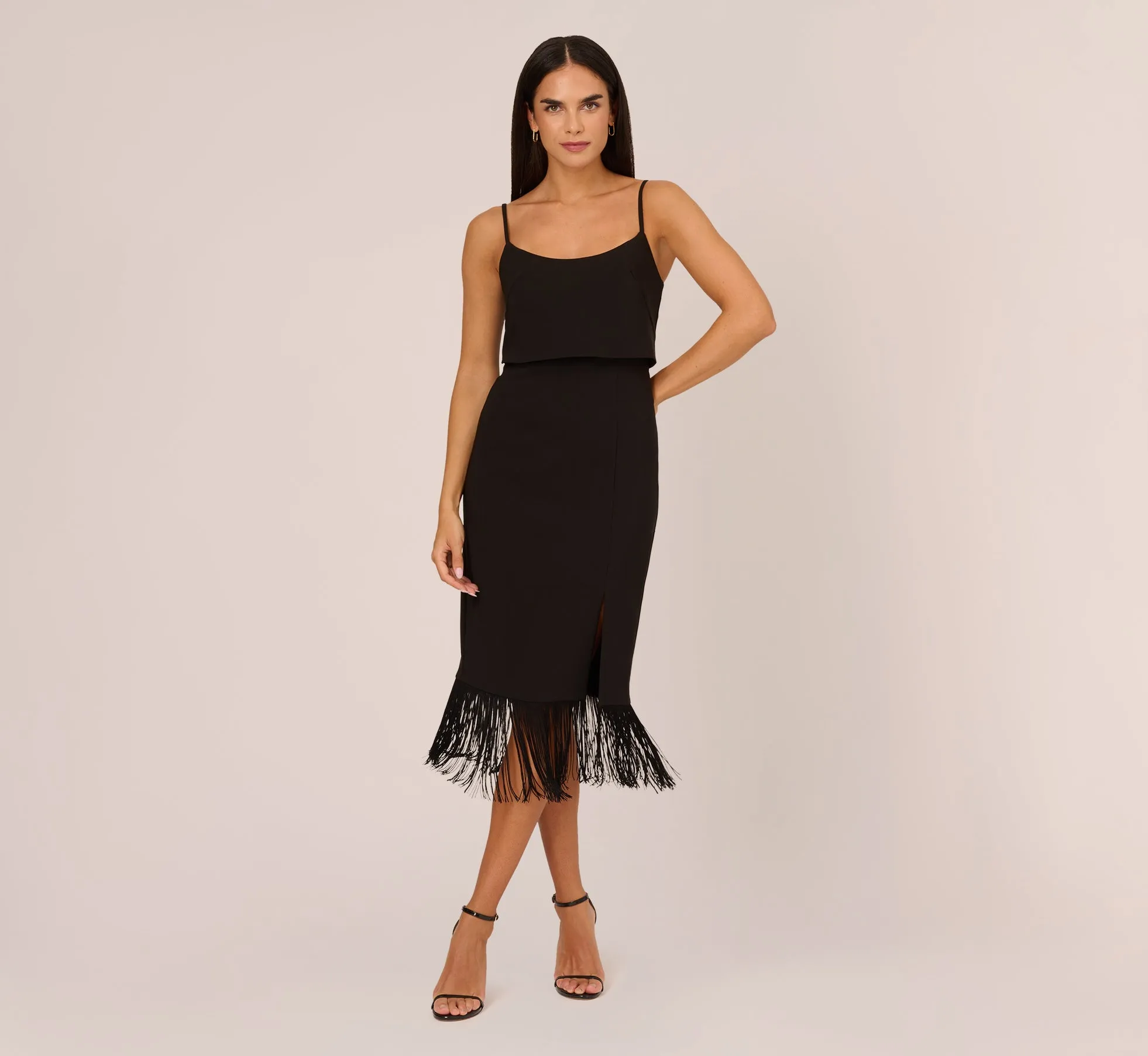 Crepe Popover Midi Dress With Fringe Trim In Black sold by Adrianna Papell