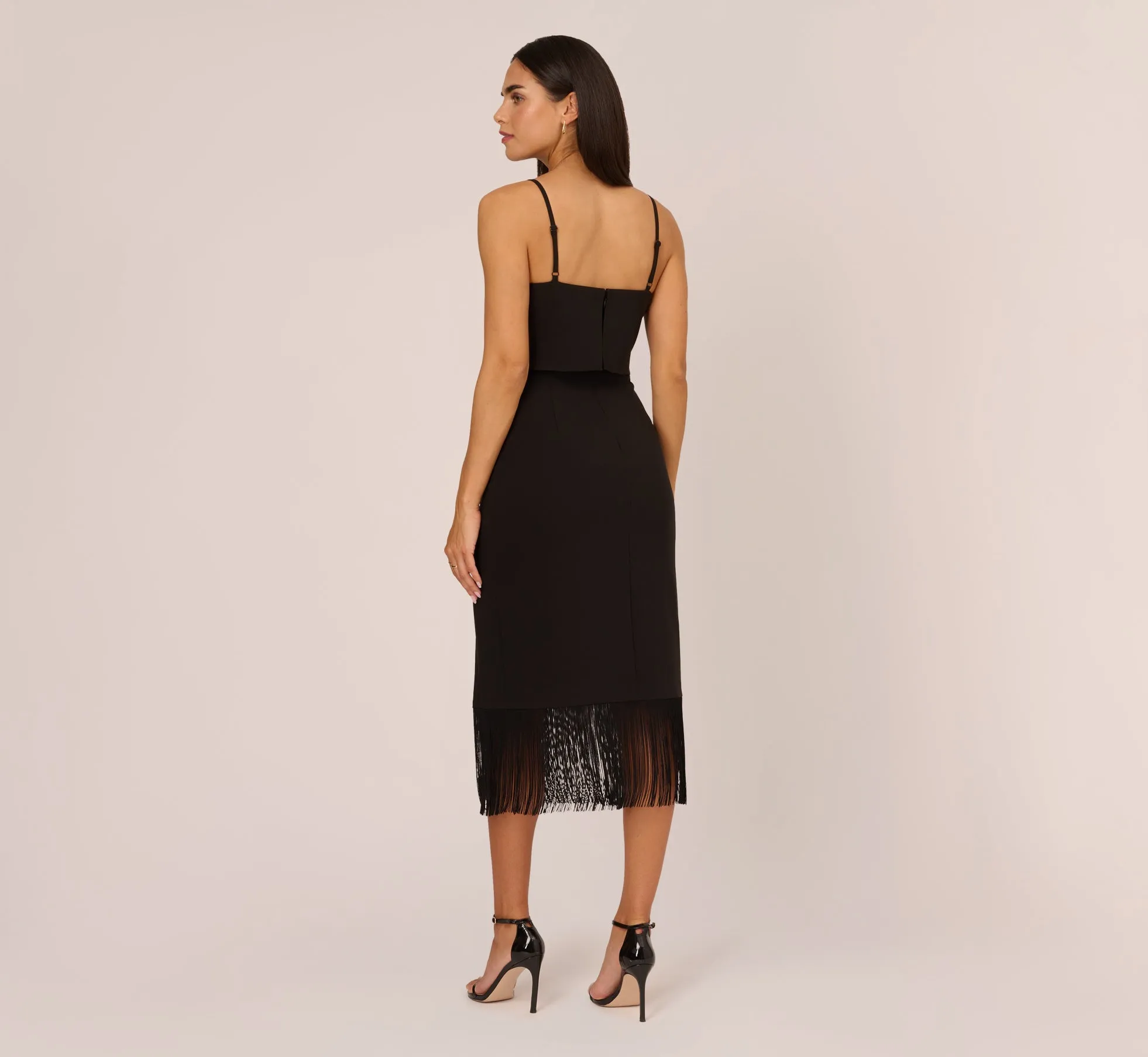 Crepe Popover Midi Dress With Fringe Trim In Black sold by Adrianna Papell product image thumbnail 5