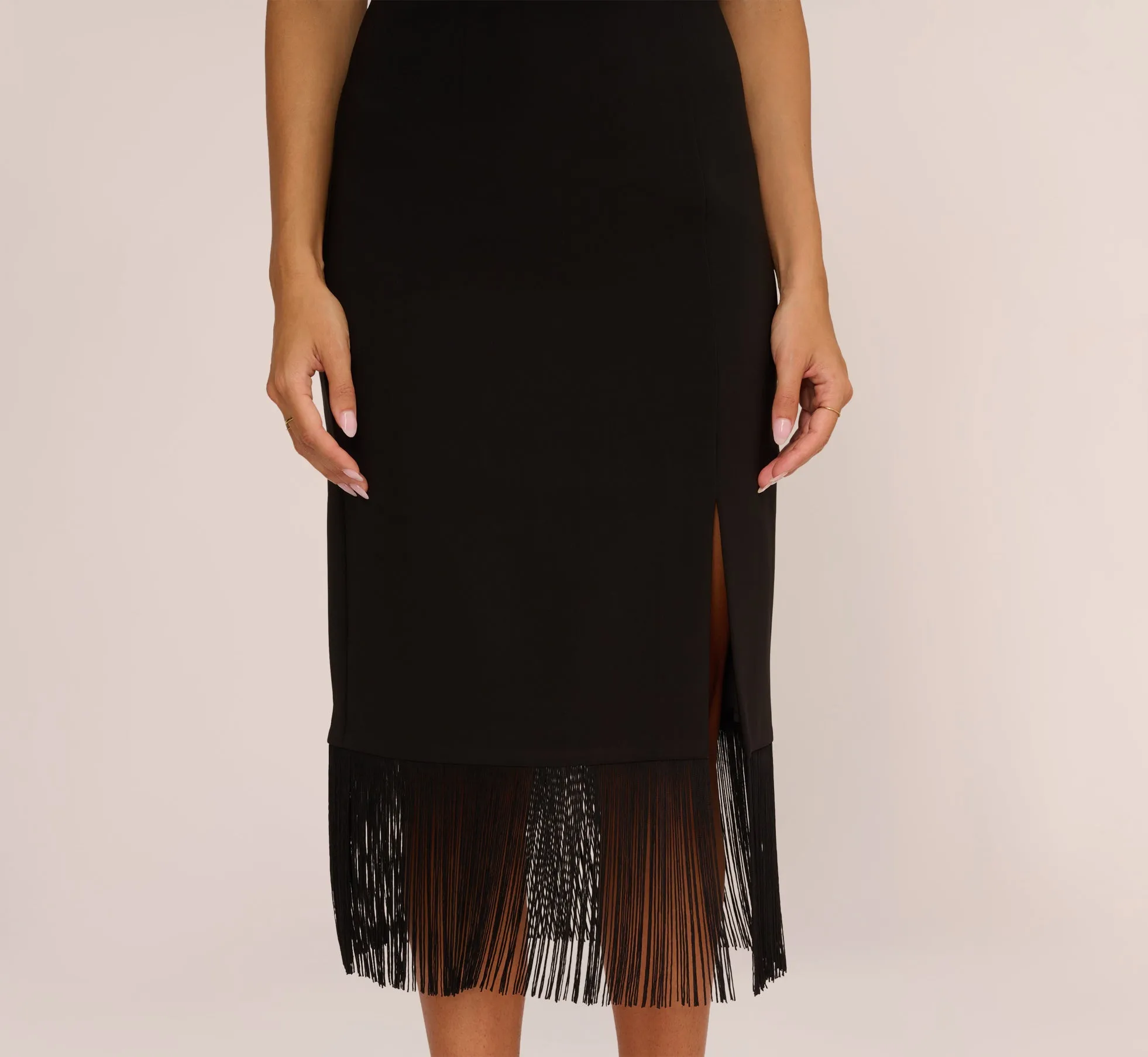 Crepe Popover Midi Dress With Fringe Trim In Black sold by Adrianna Papell product image thumbnail 4