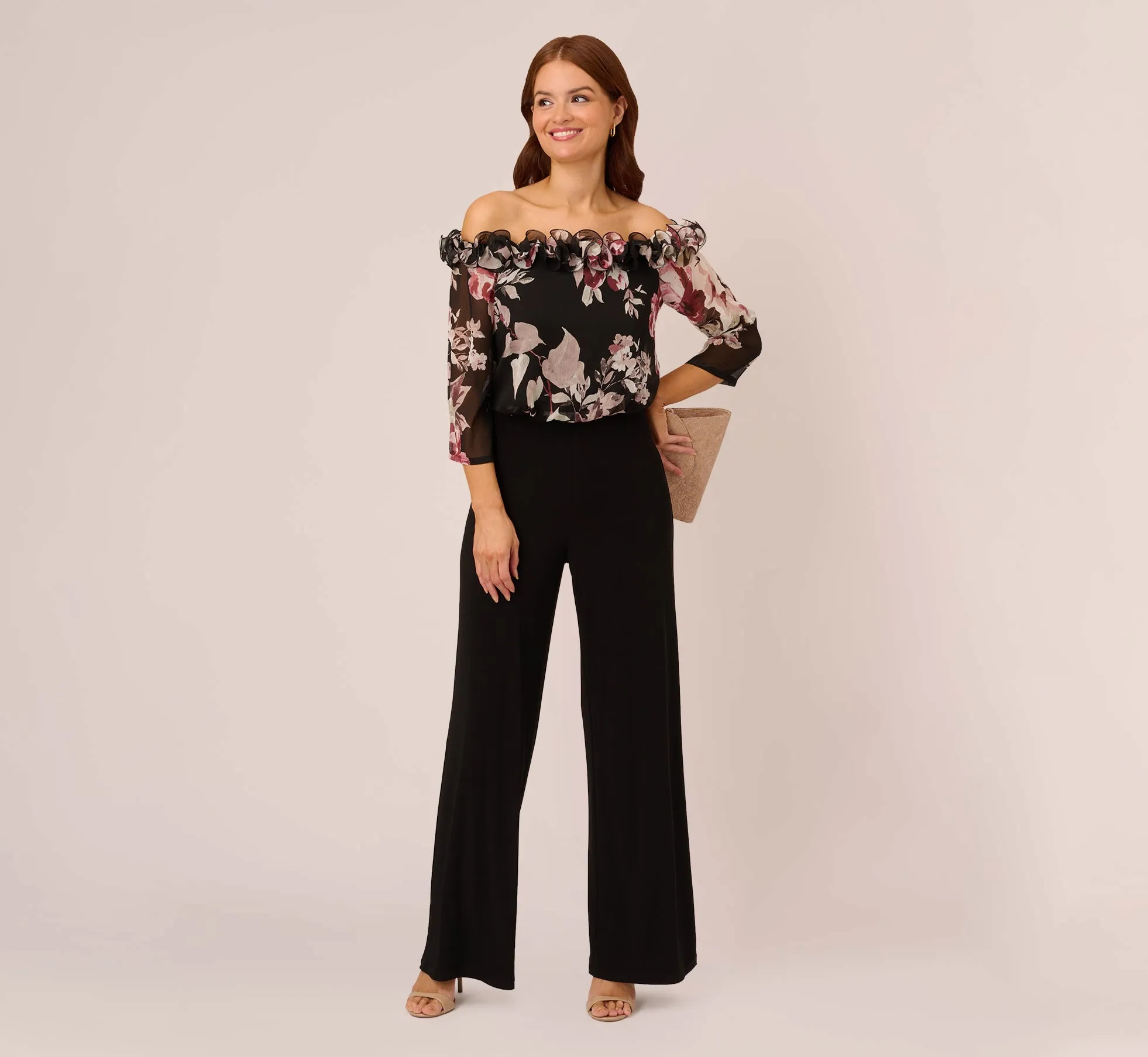 Off The Shoulder Jumpsuit With Floral Embroidered Bodice In Black Multi sold by Adrianna Papell