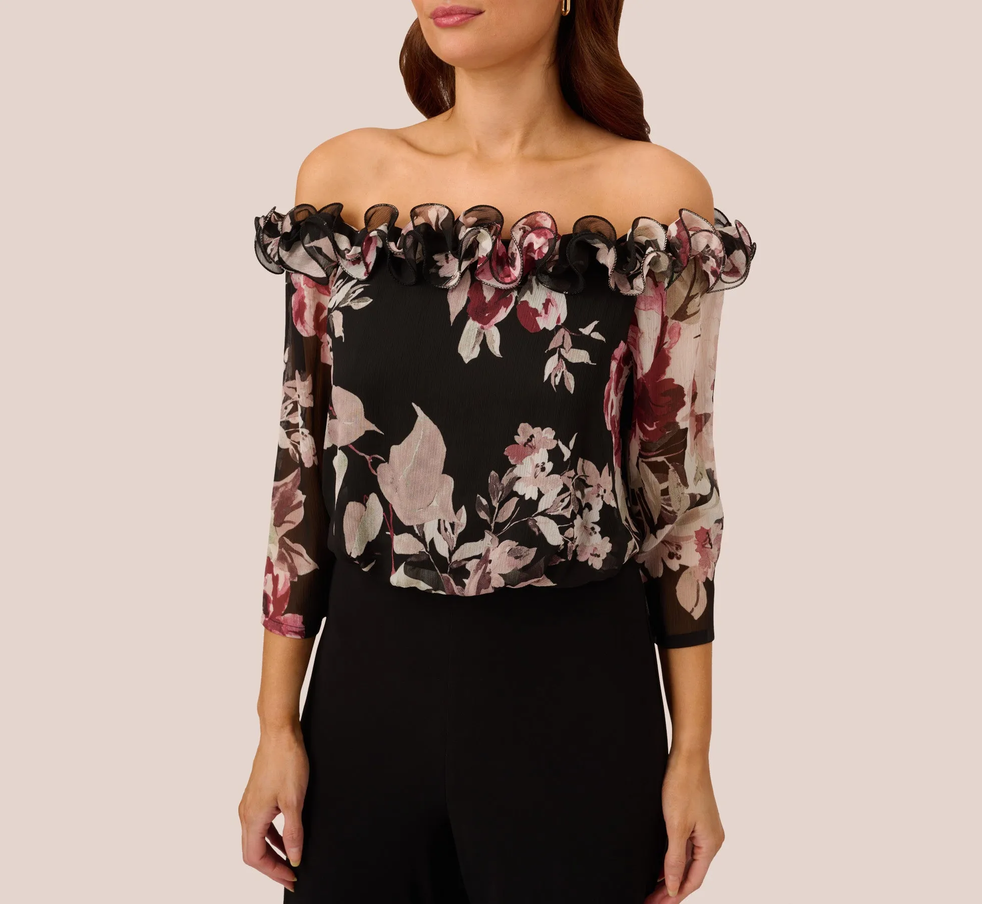 Off The Shoulder Jumpsuit With Floral Embroidered Bodice In Black Multi sold by Adrianna Papell product image thumbnail 3