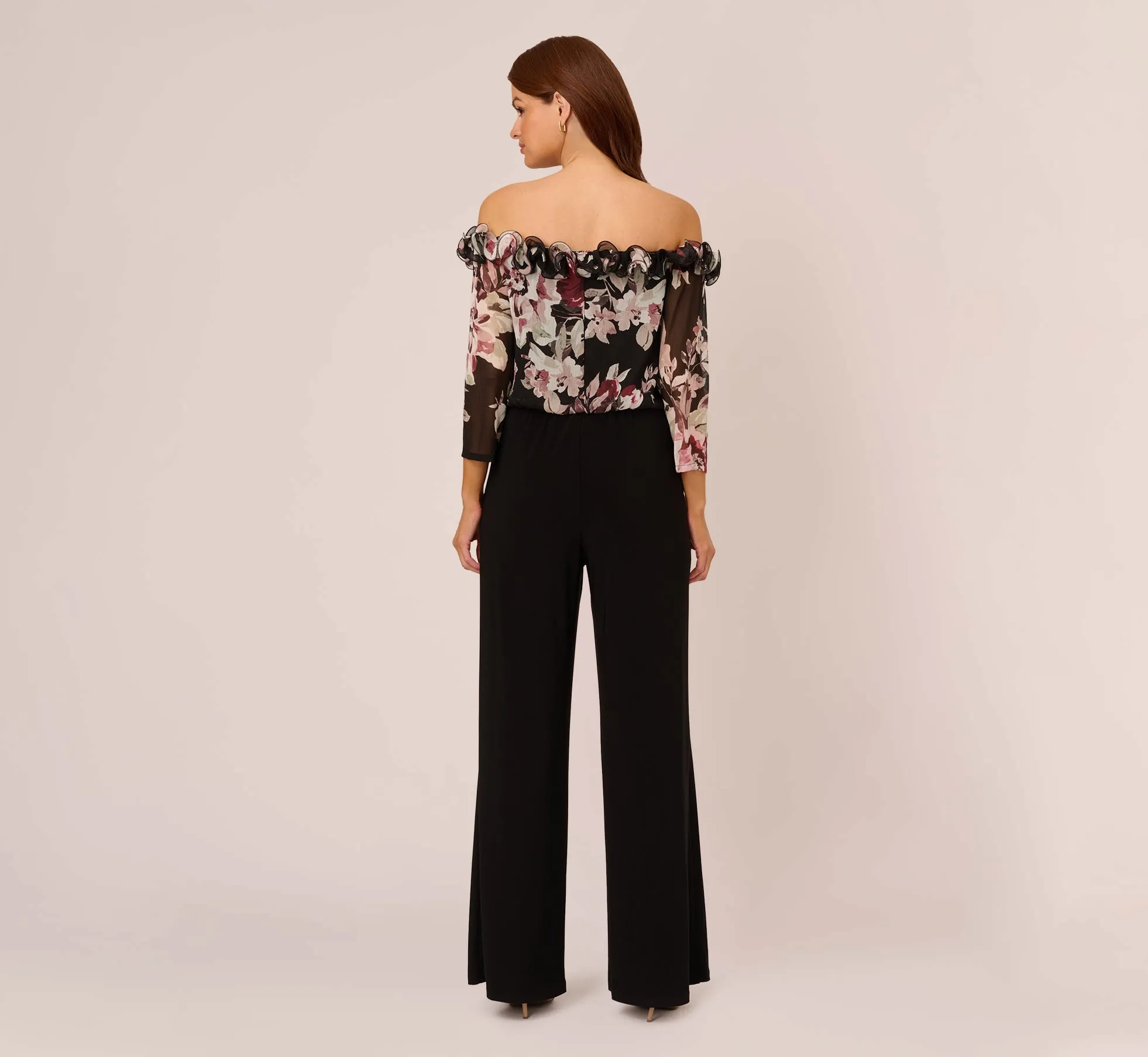 Off The Shoulder Jumpsuit With Floral Embroidered Bodice In Black Multi sold by Adrianna Papell product image thumbnail 4