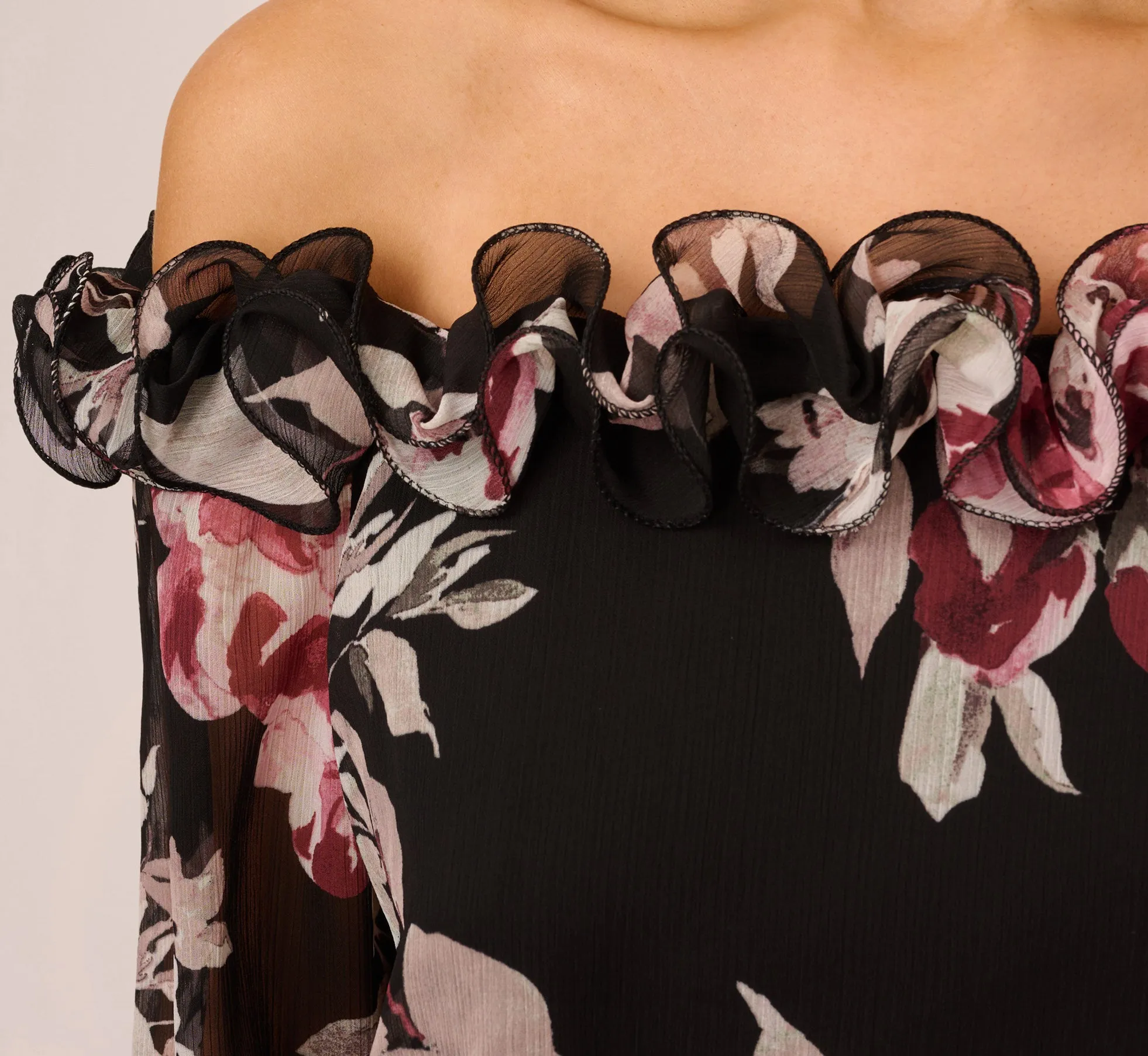 Off The Shoulder Jumpsuit With Floral Embroidered Bodice In Black Multi sold by Adrianna Papell product image thumbnail 5