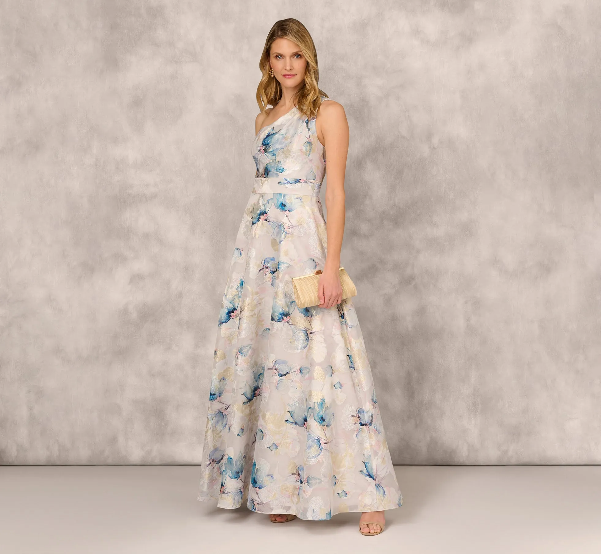 One Shoulder Floral Jacquard Ball Gown In Blue Multi sold by Adrianna Papell product image thumbnail 2