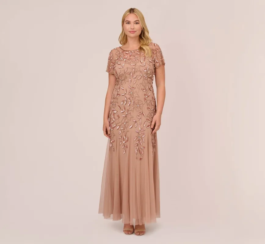 Plus Size Hand Beaded Short Sleeve Floral Godet Gown In Rose Gold sold by Adrianna Papell