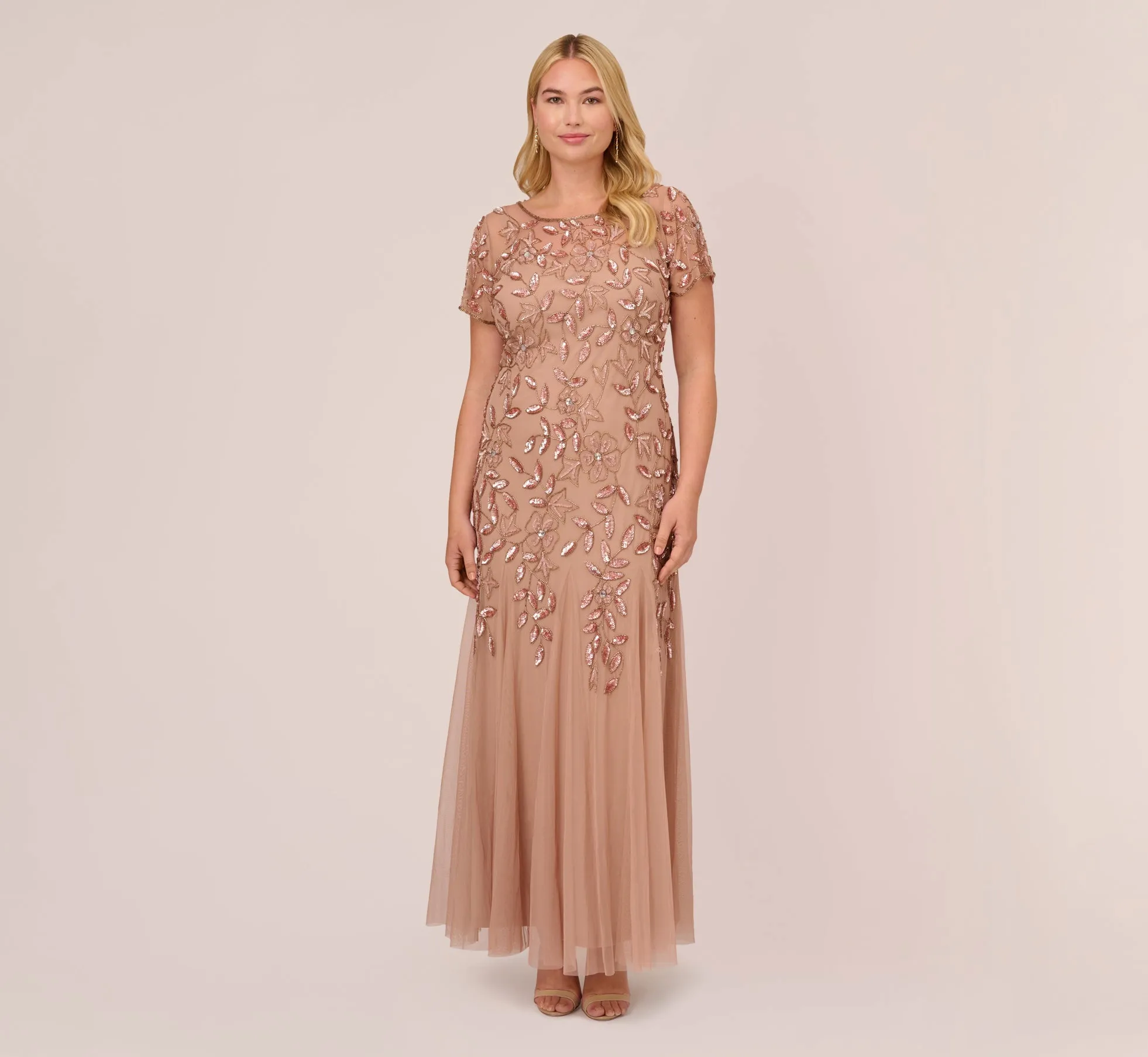 Plus Size Hand Beaded Short Sleeve Floral Godet Gown In Rose Gold sold by Adrianna Papell