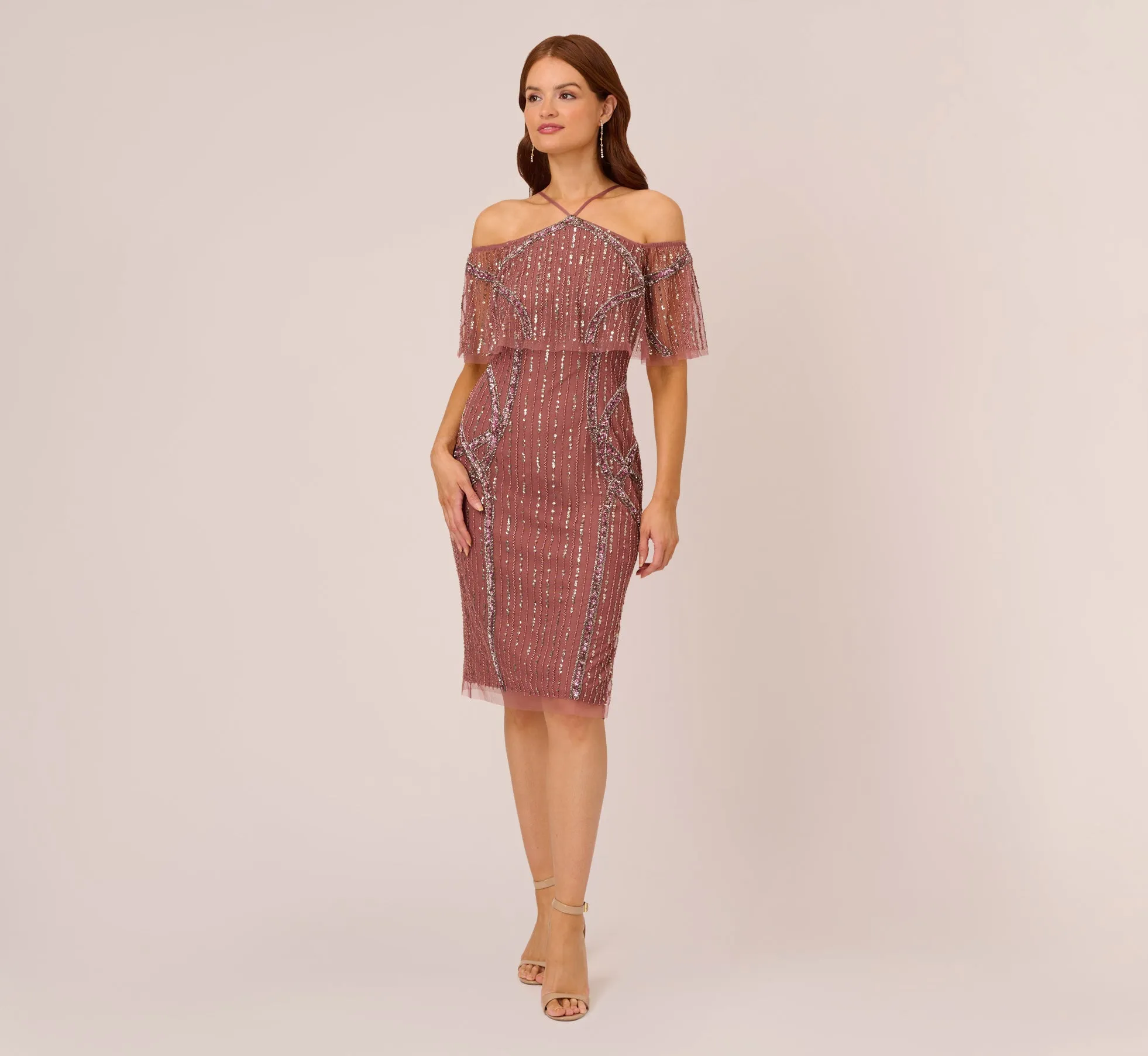 Beaded Off The Shoulder Sheath Dress With Halter Neck In Plum sold by Adrianna Papell