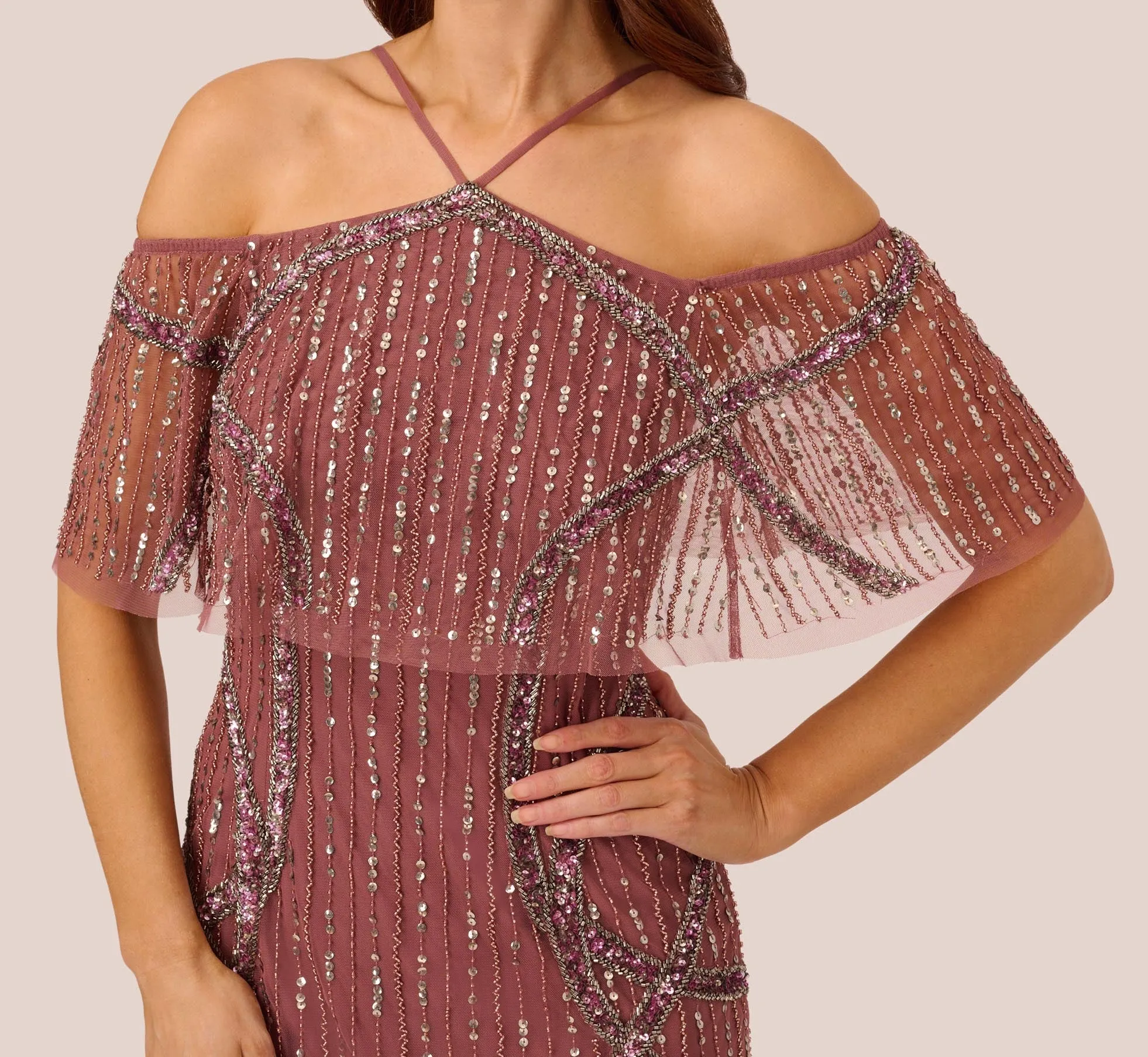 Beaded Off The Shoulder Sheath Dress With Halter Neck In Plum sold by Adrianna Papell product image thumbnail 3