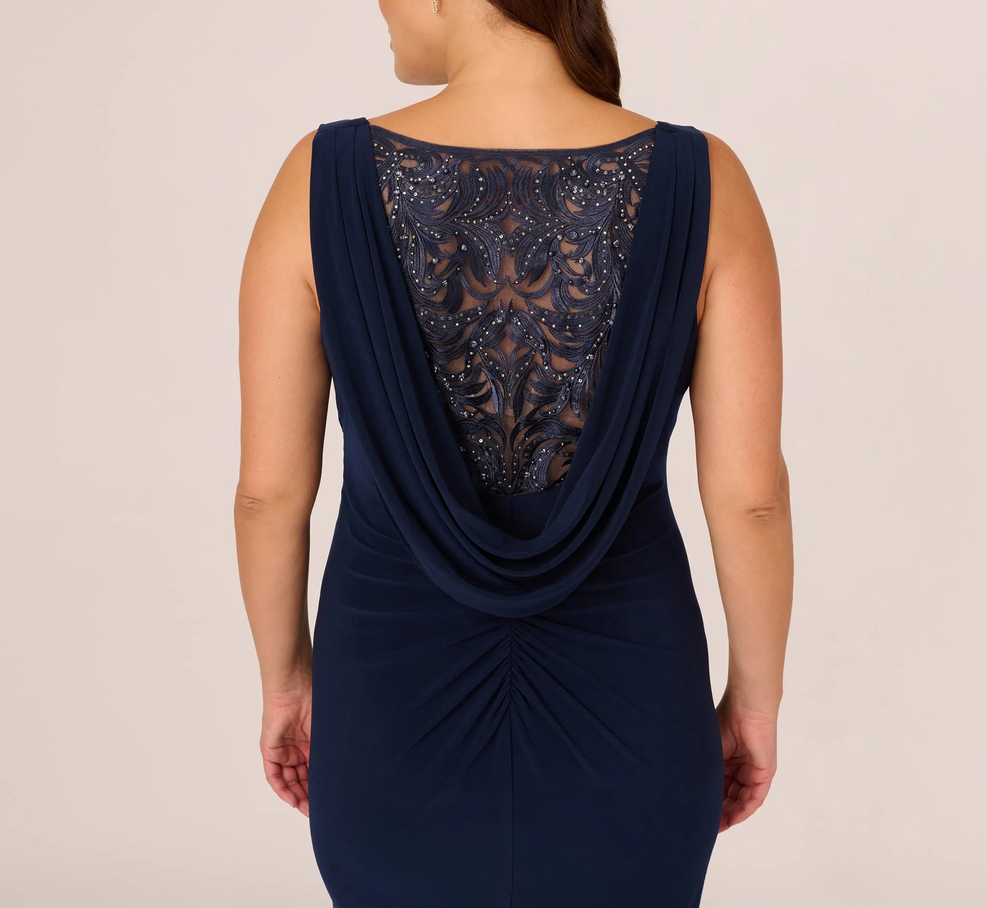 Plus Size Sleeveless Jersey Gown With Embellished Lace Cowl Back In Midnight sold by Adrianna Papell product image thumbnail 5